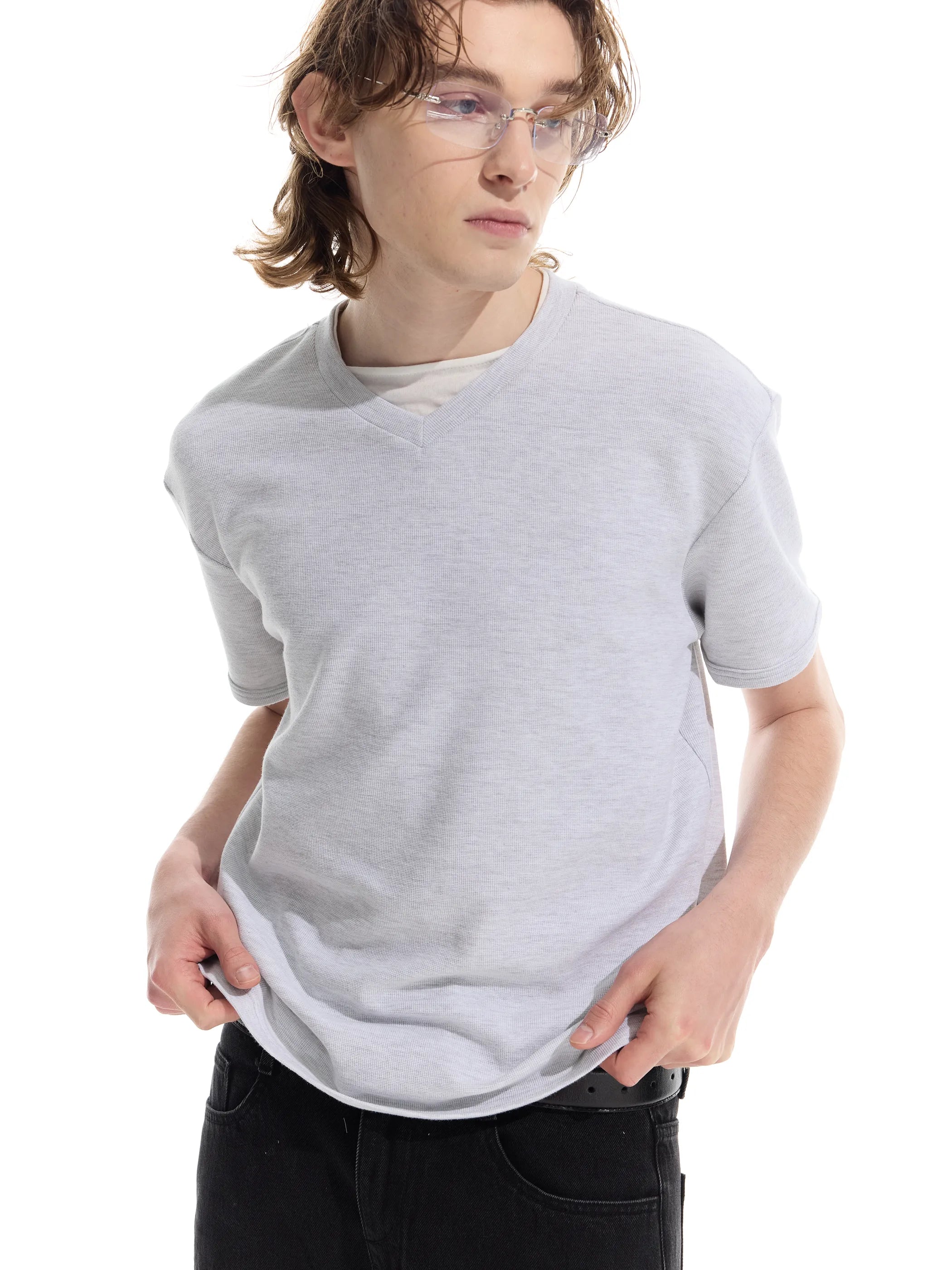 Patchwork V-neck waffle short-sleeved T-shirt