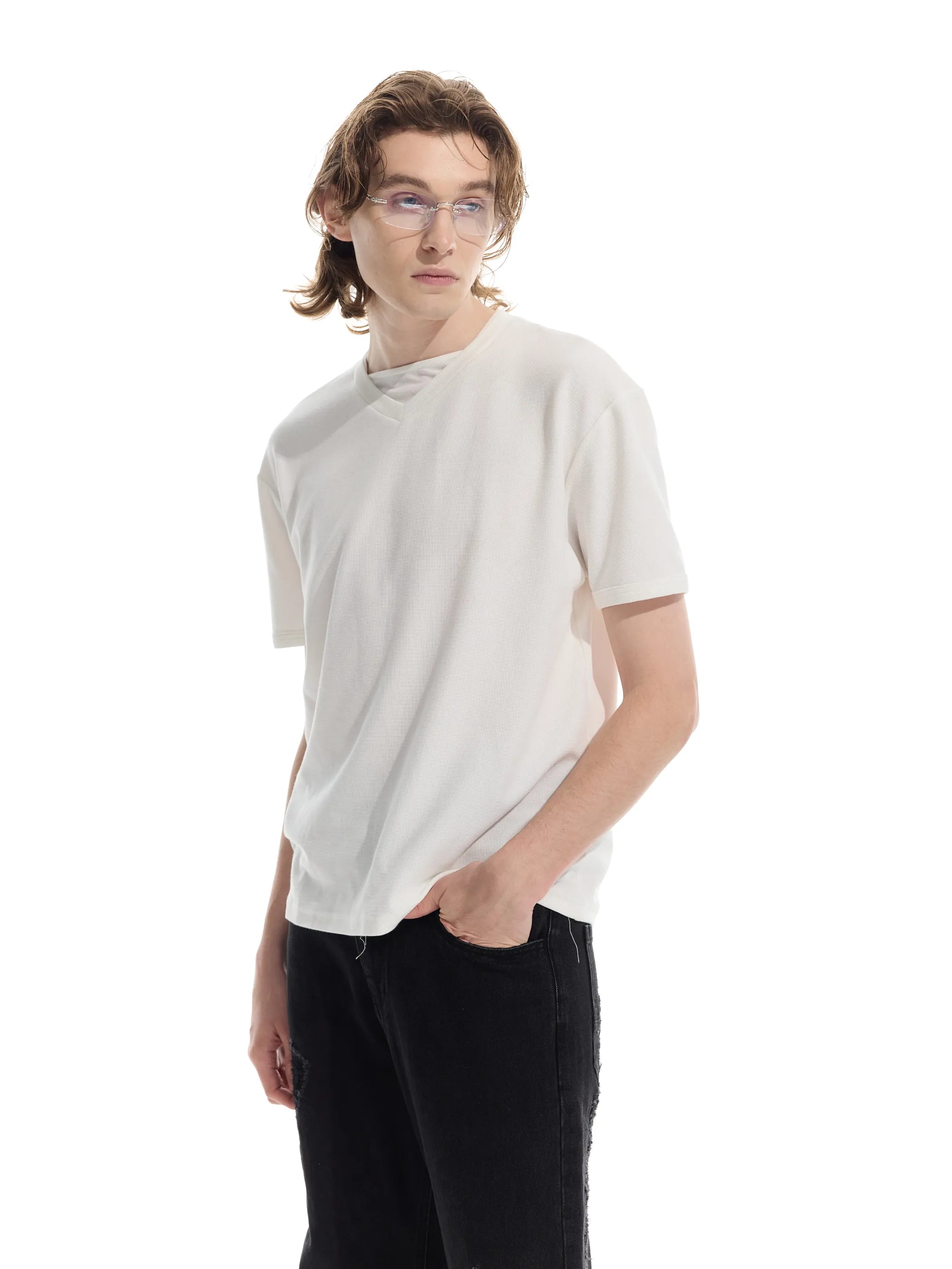 Patchwork V-neck waffle short-sleeved T-shirt