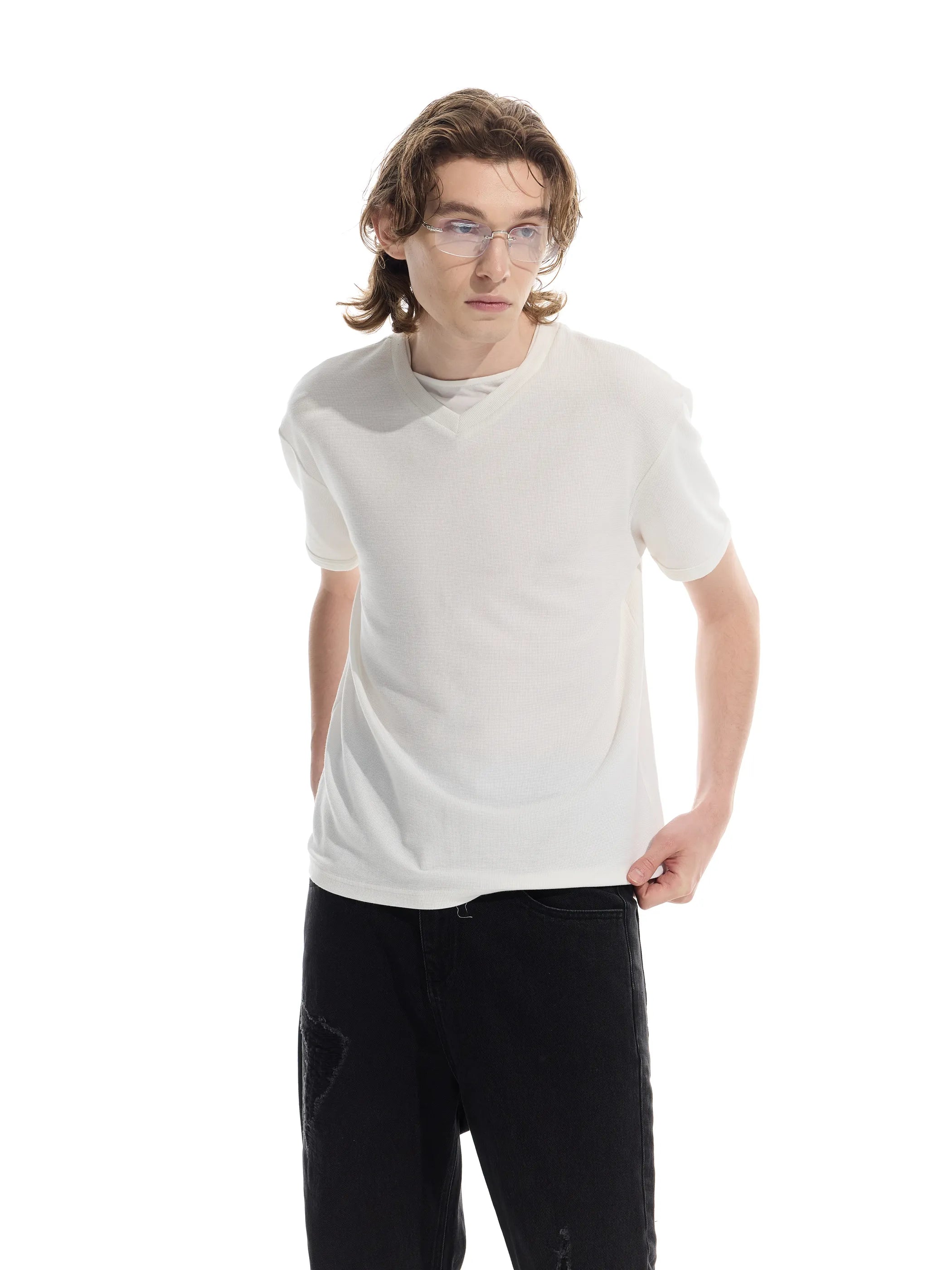 Patchwork V-neck waffle short-sleeved T-shirt