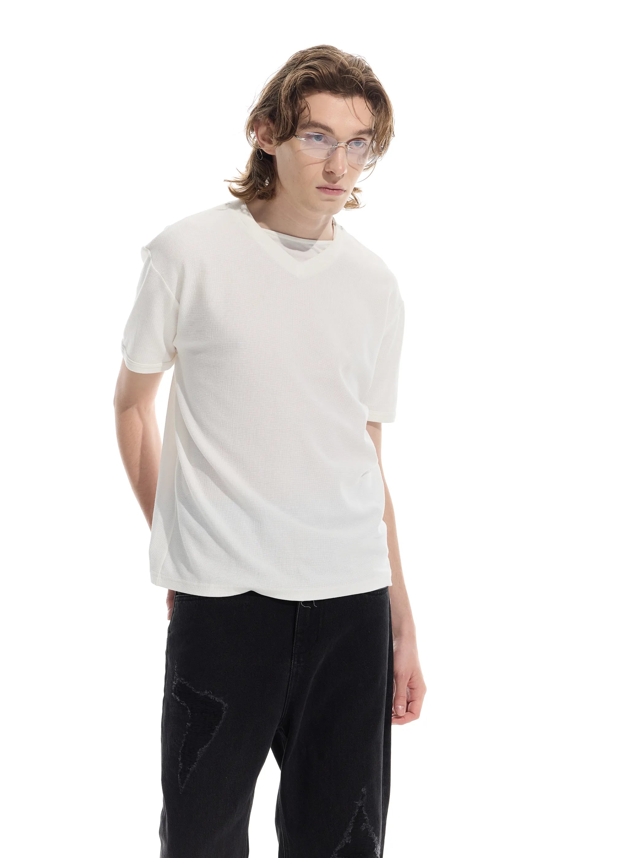 Patchwork V-neck waffle short-sleeved T-shirt