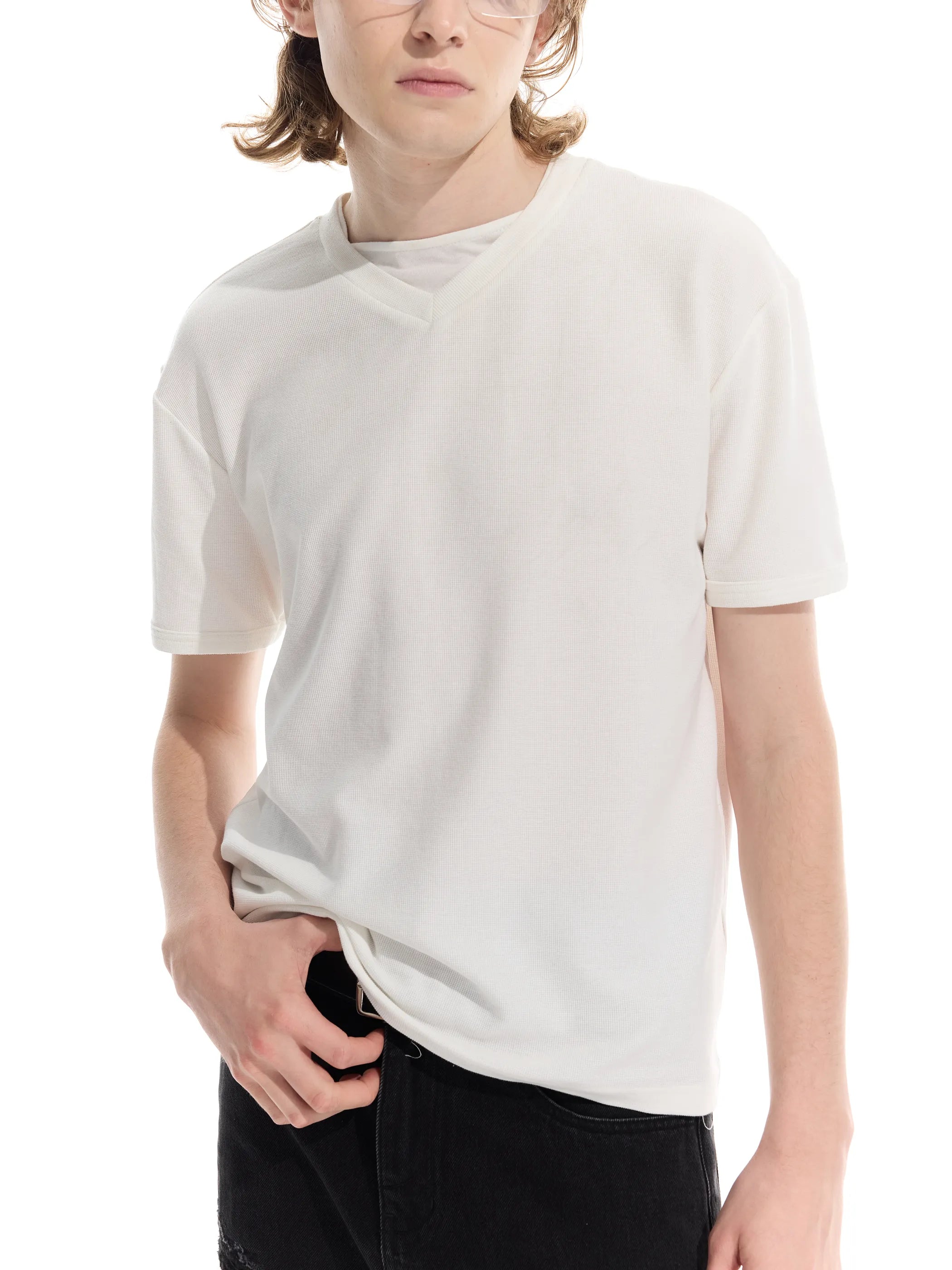 Patchwork V-neck waffle short-sleeved T-shirt