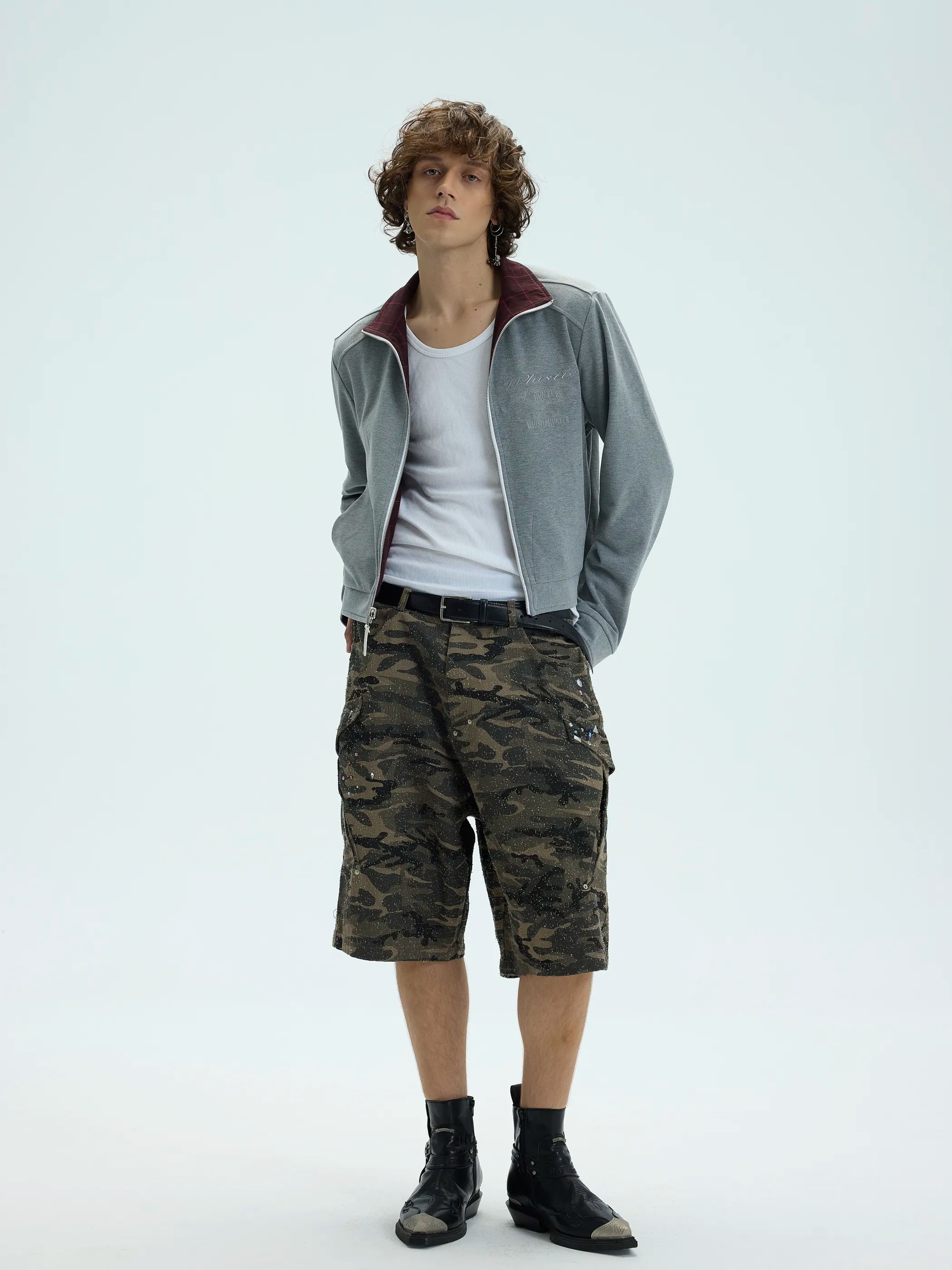 Model shot of Reversible Checked Velvet Embroidered Jacket 2