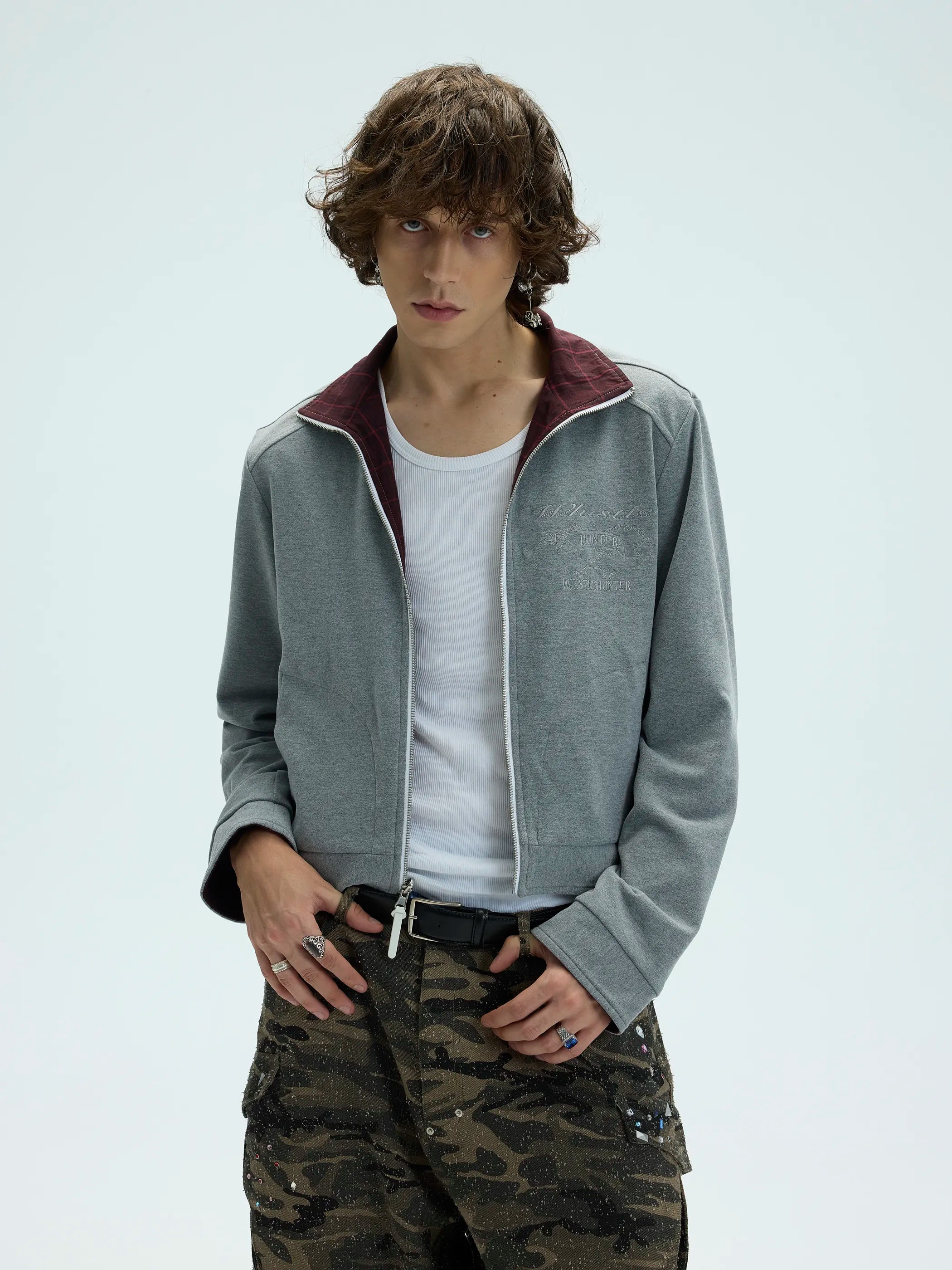 Model shot of Reversible Checked Velvet Embroidered Jacket 3