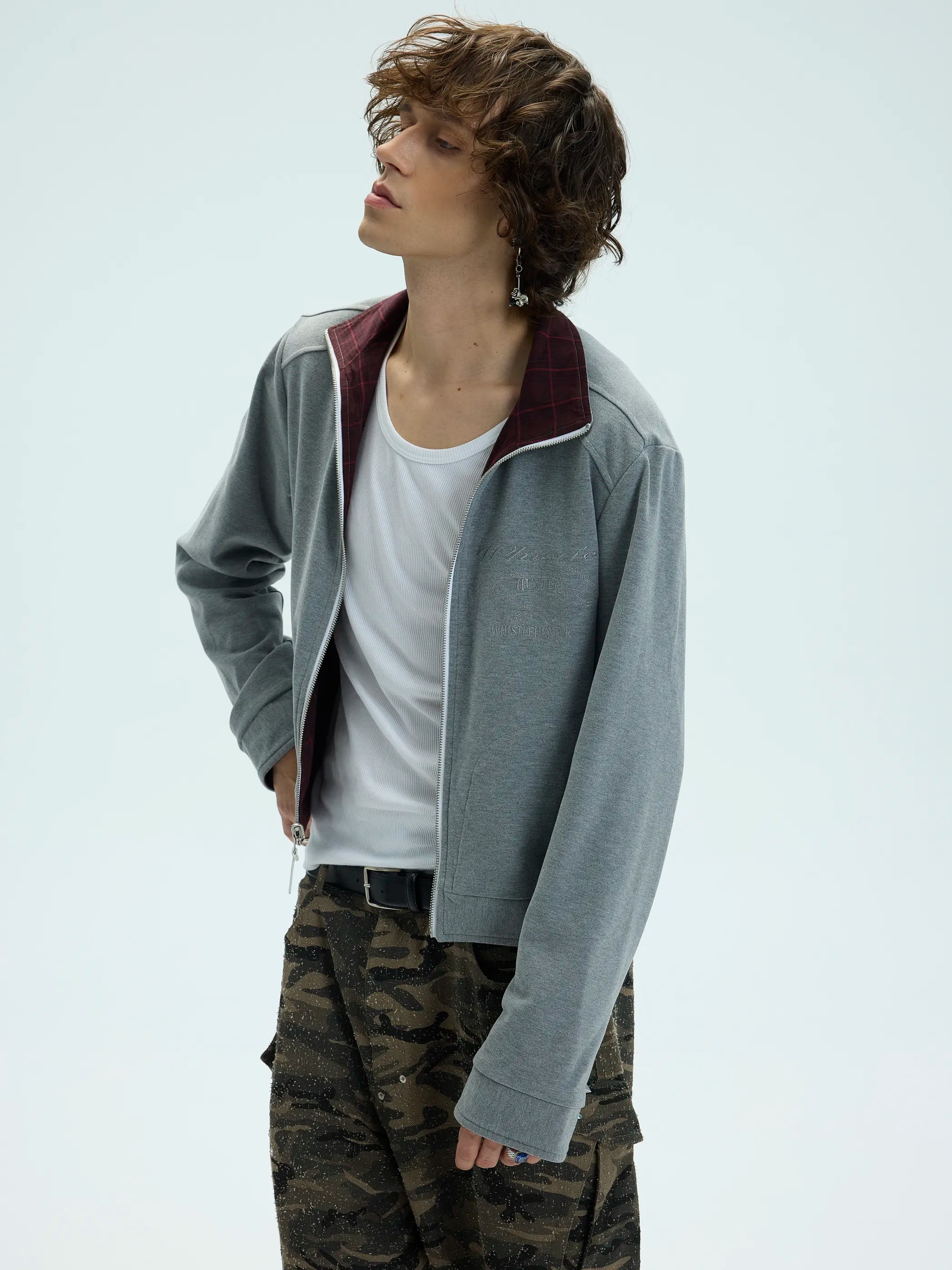 Model shot of Reversible Checked Velvet Embroidered Jacket 4