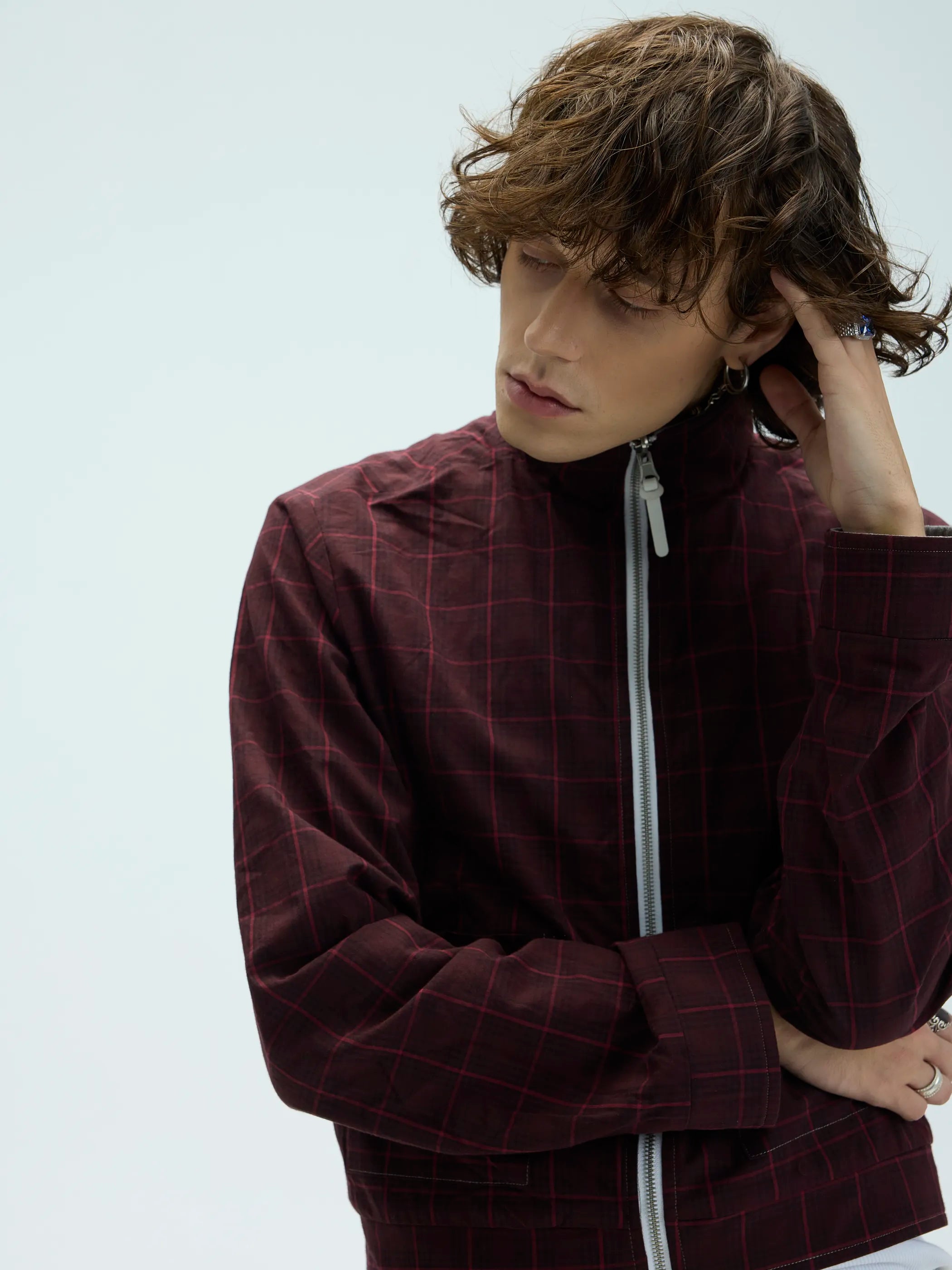 Model shot of Reversible Checked Velvet Embroidered Jacket 8