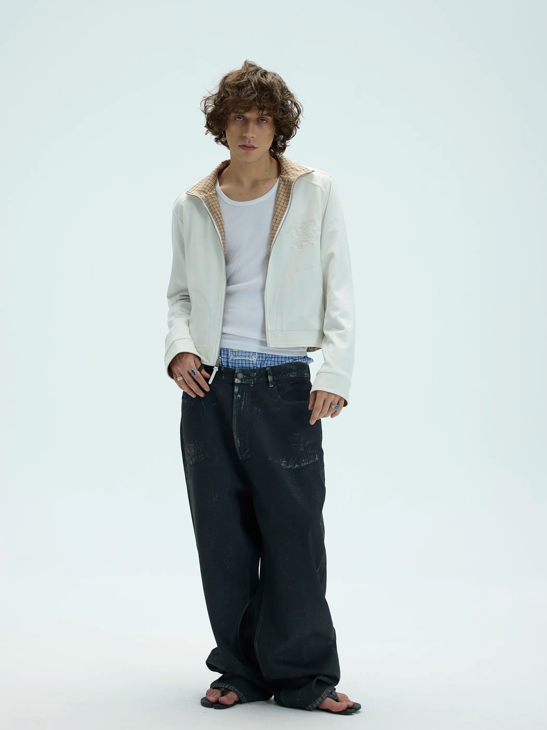 Model shot of Reversible Checked Velvet Embroidered Jacket 2