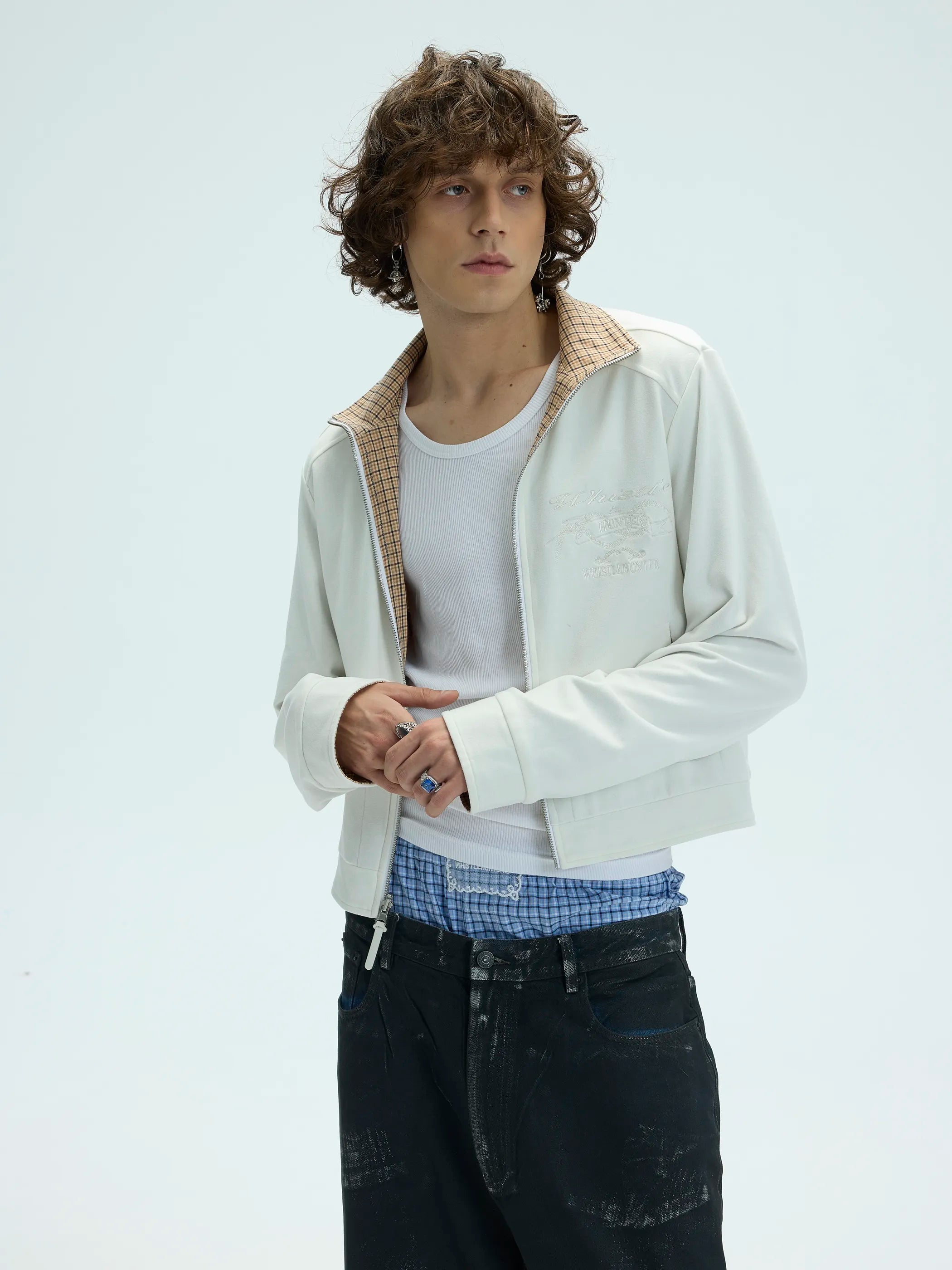 Model shot of Reversible Checked Velvet Embroidered Jacket 5