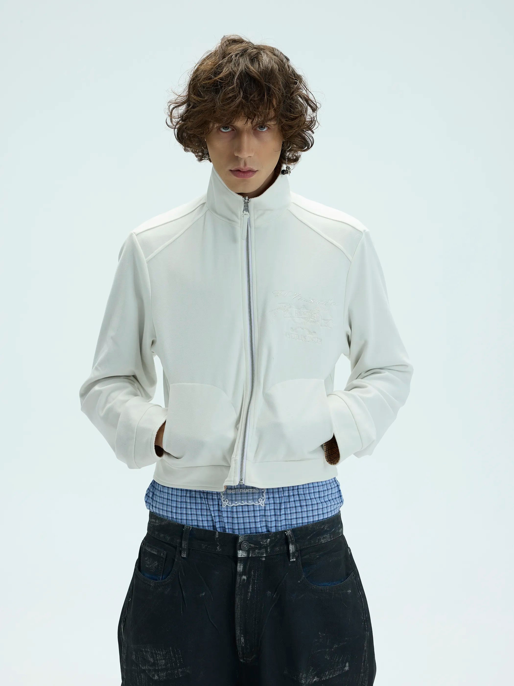 Model shot of Reversible Checked Velvet Embroidered Jacket 6