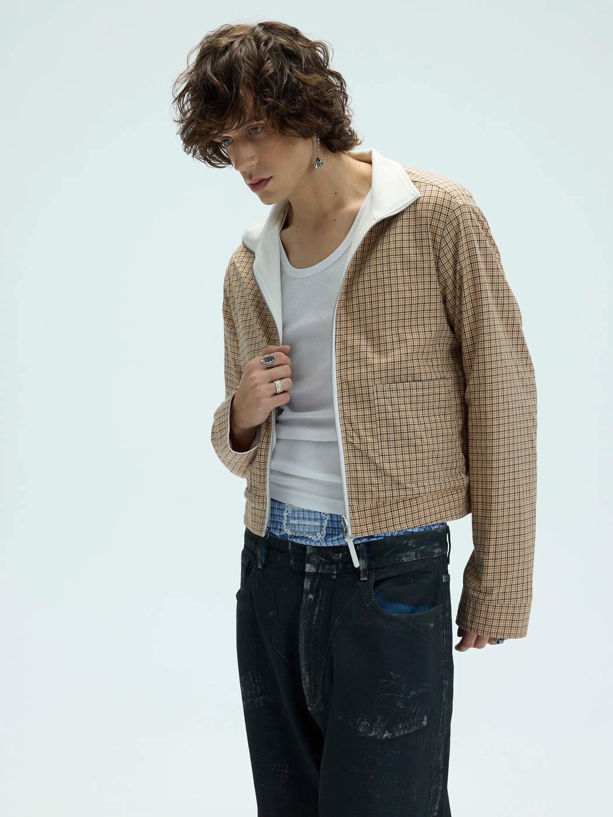 Model shot of Reversible Checked Velvet Embroidered Jacket 7