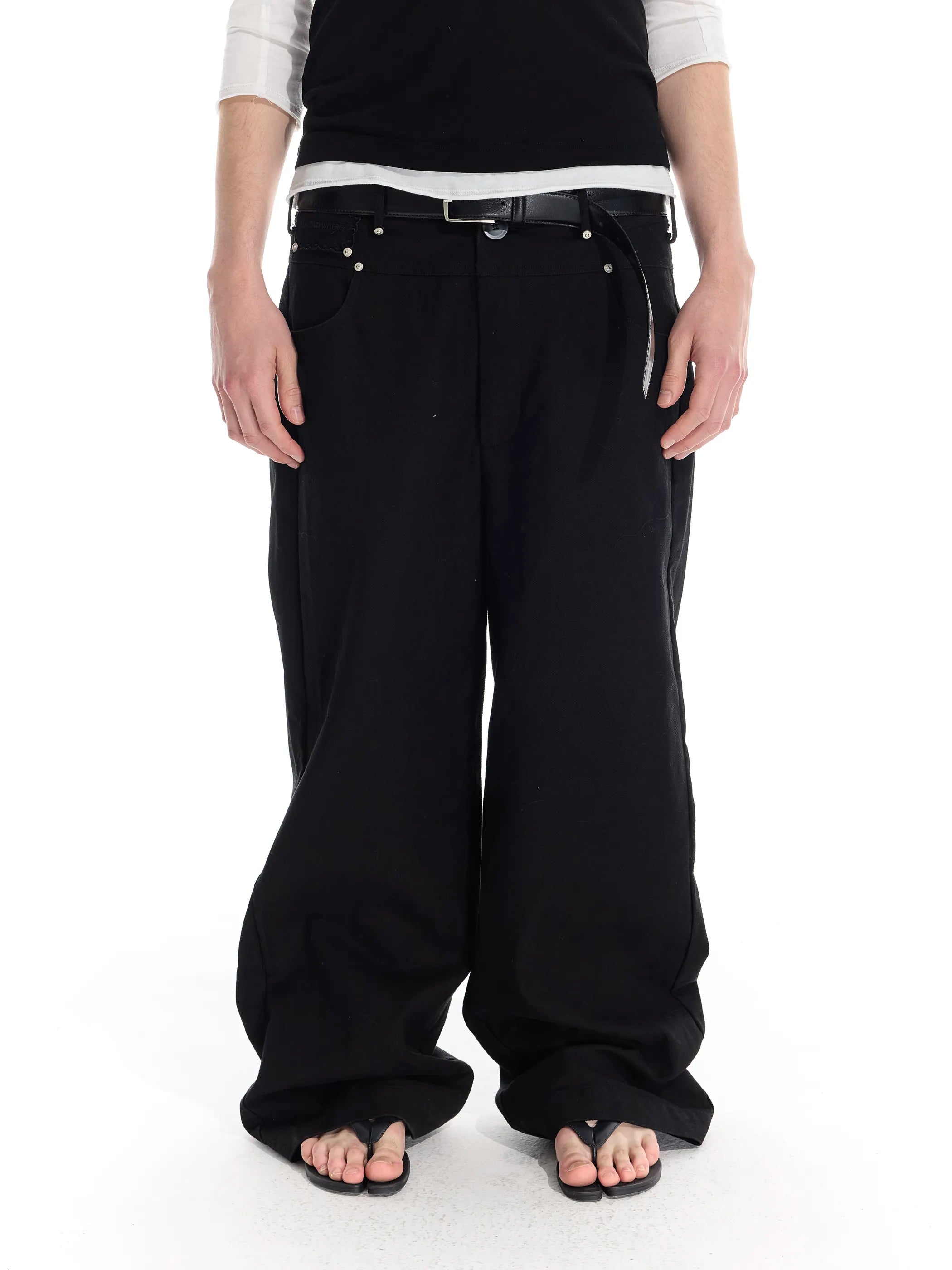 Riveted distressed straight-leg trousers