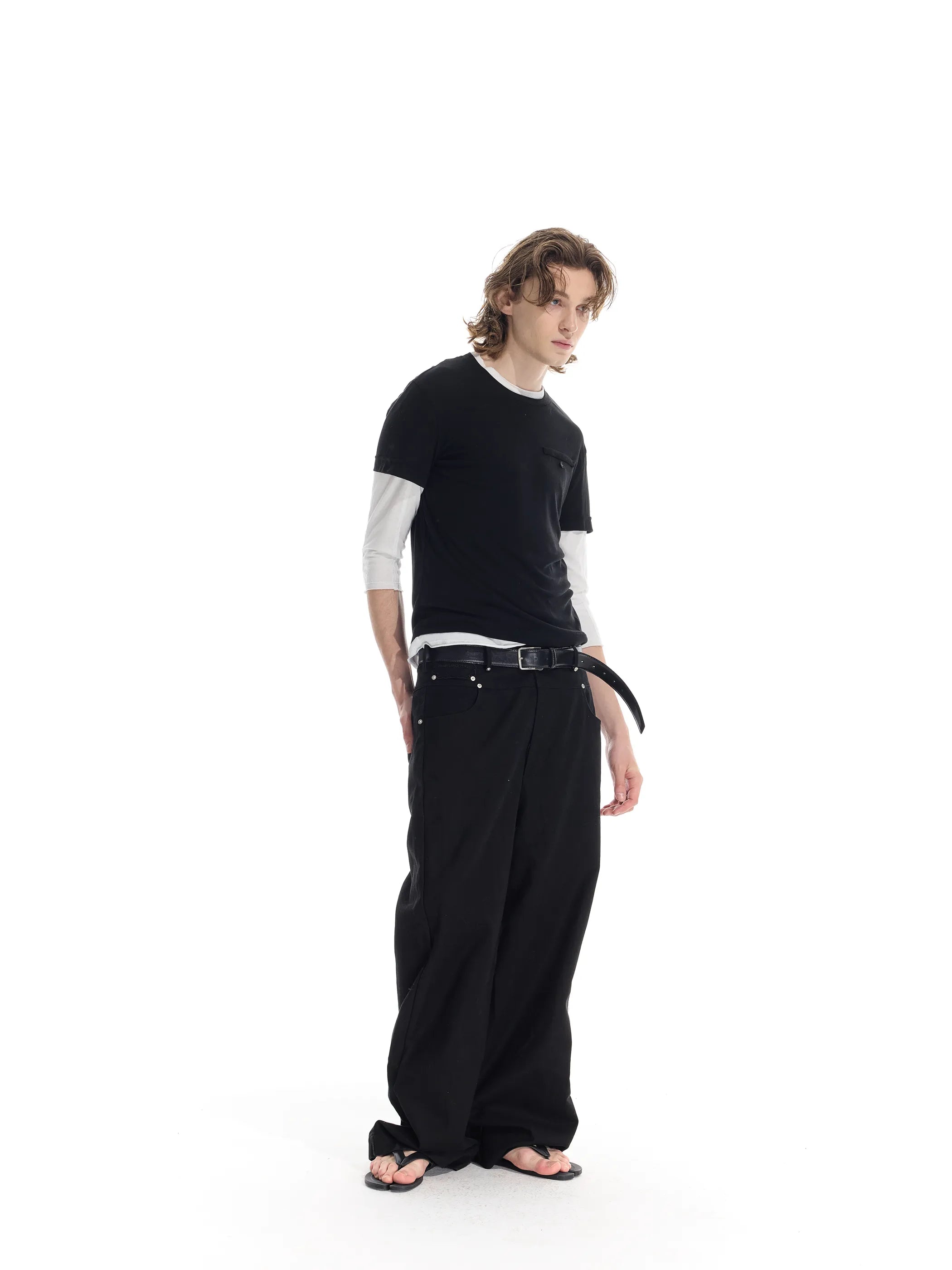 Riveted distressed straight-leg trousers