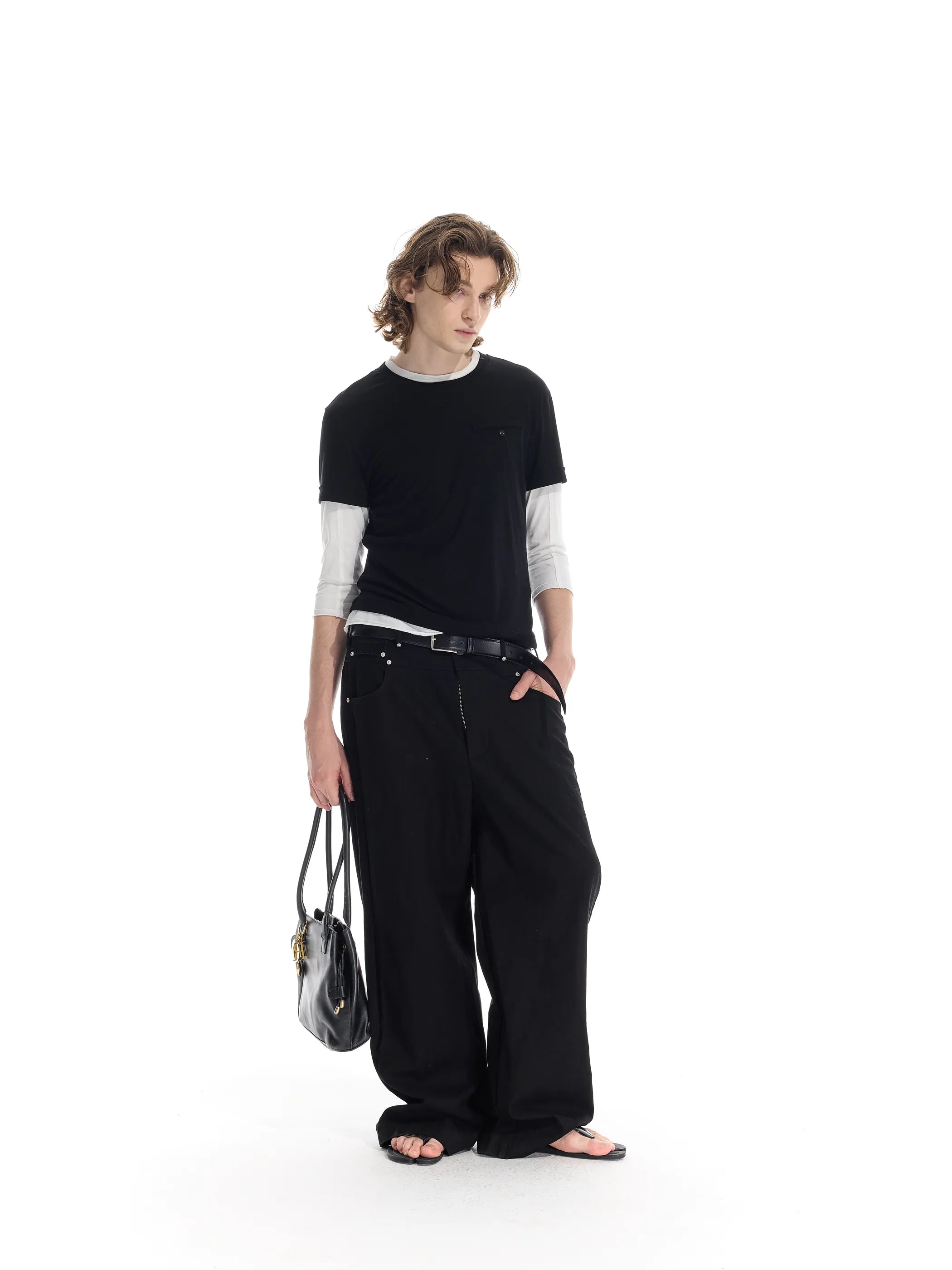 Riveted distressed straight-leg trousers