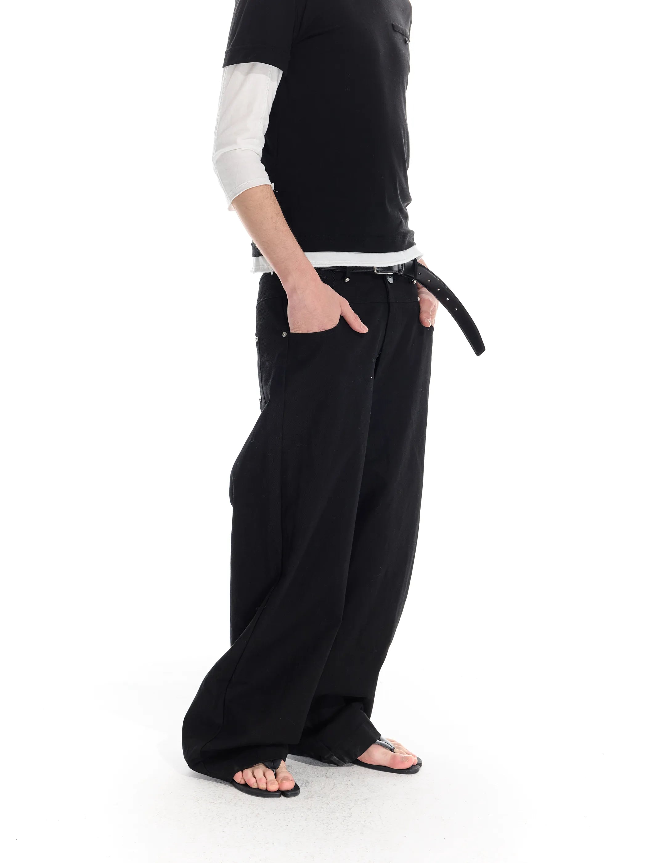 Riveted distressed straight-leg trousers