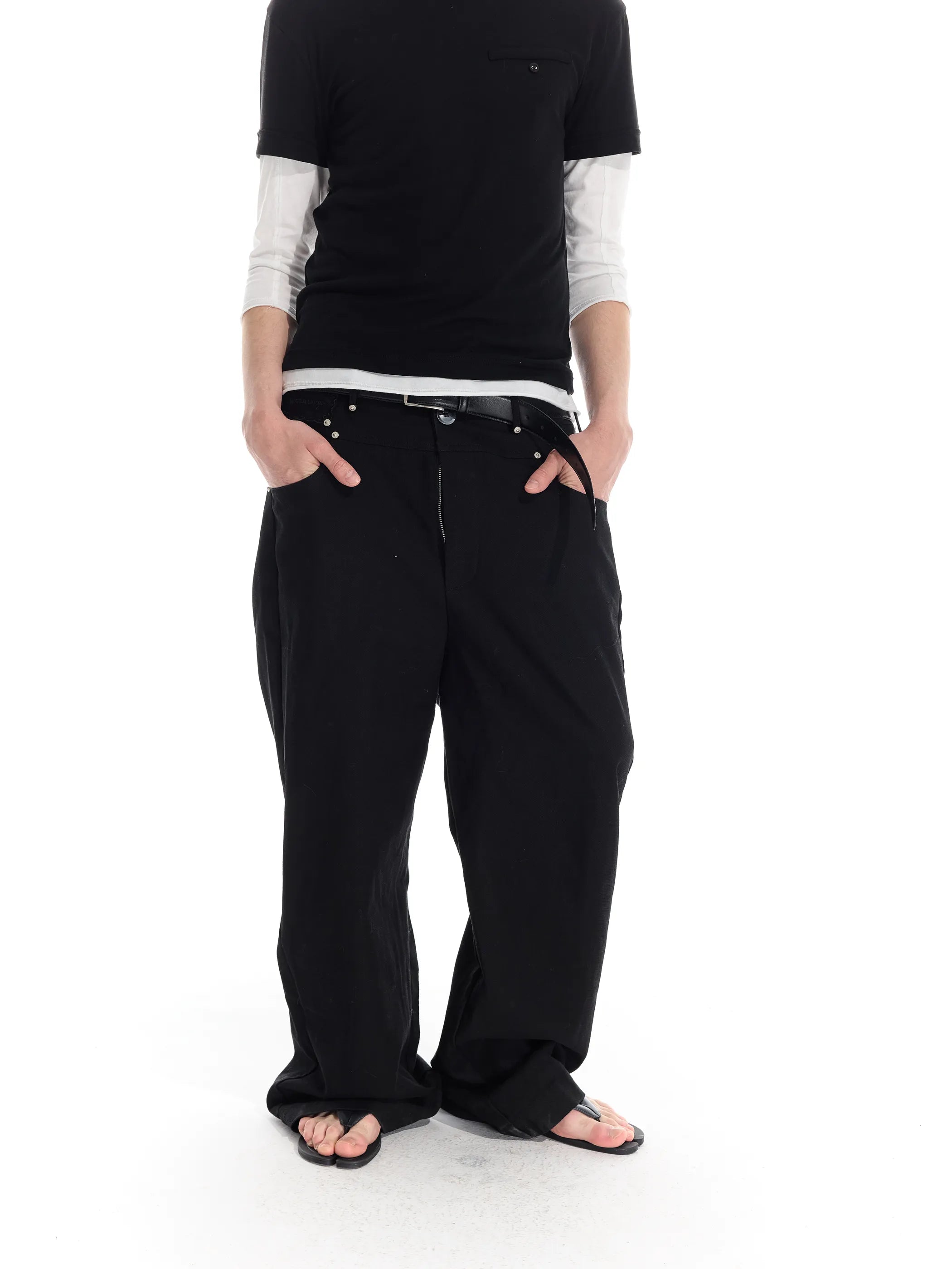 Riveted distressed straight-leg trousers