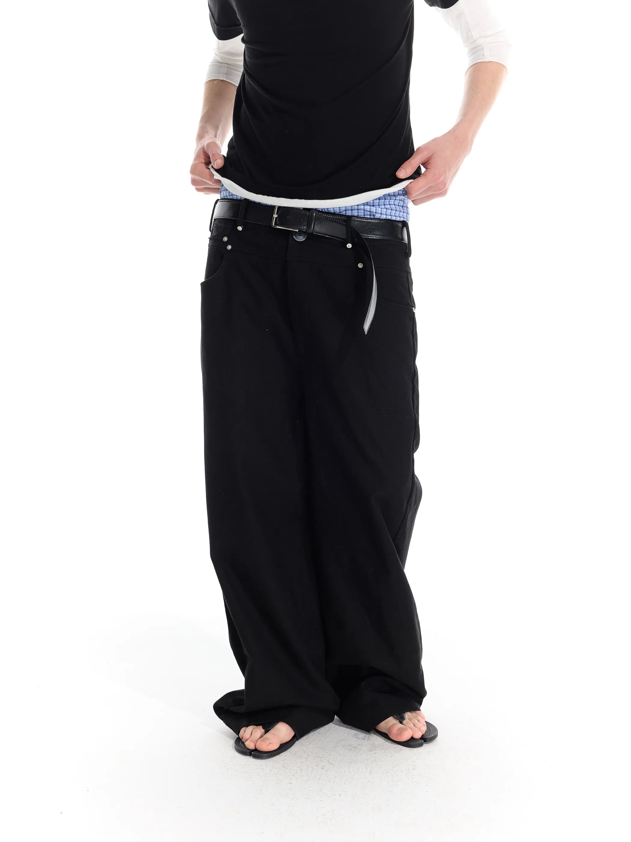 Riveted distressed straight-leg trousers