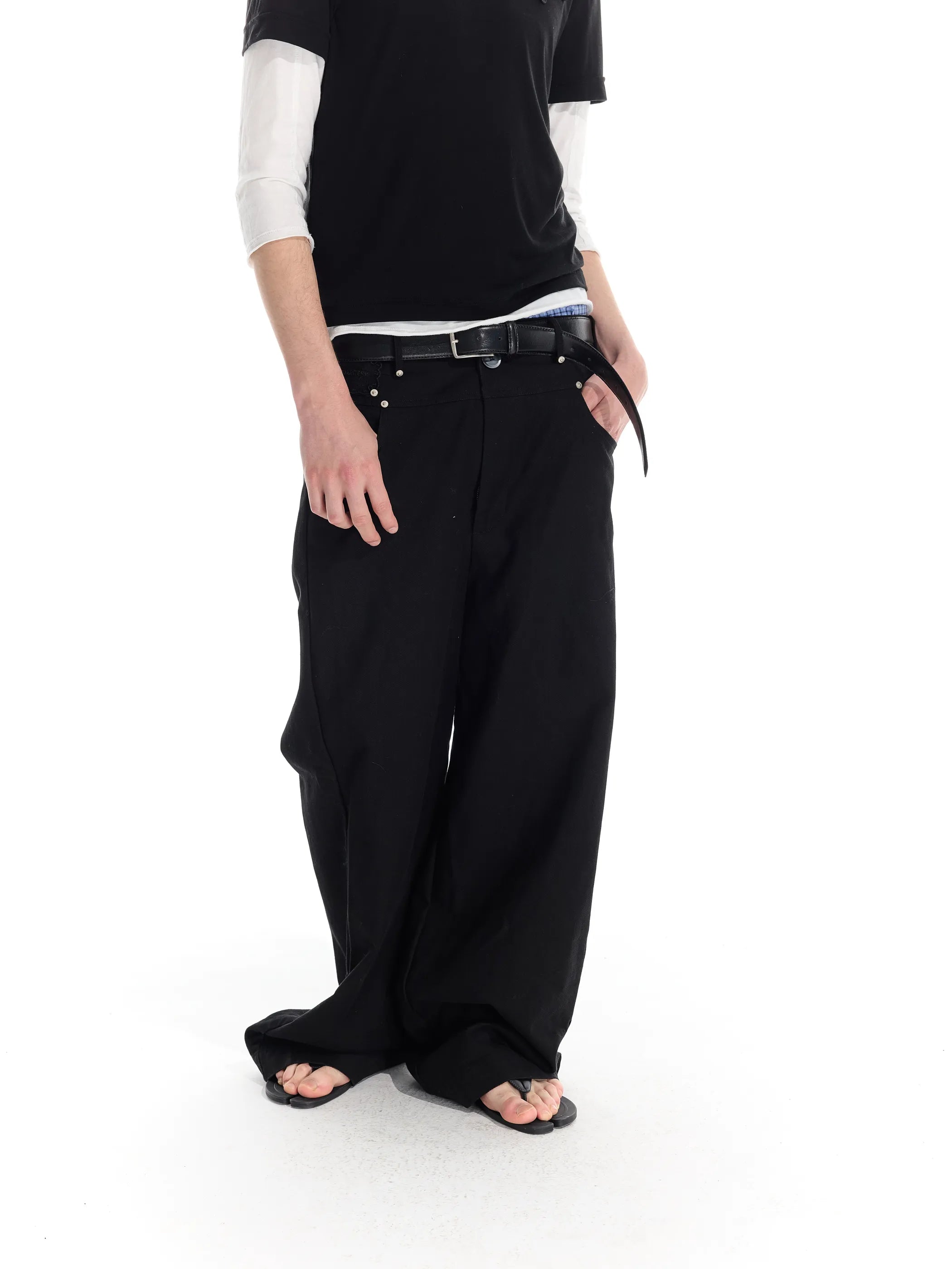 Riveted distressed straight-leg trousers