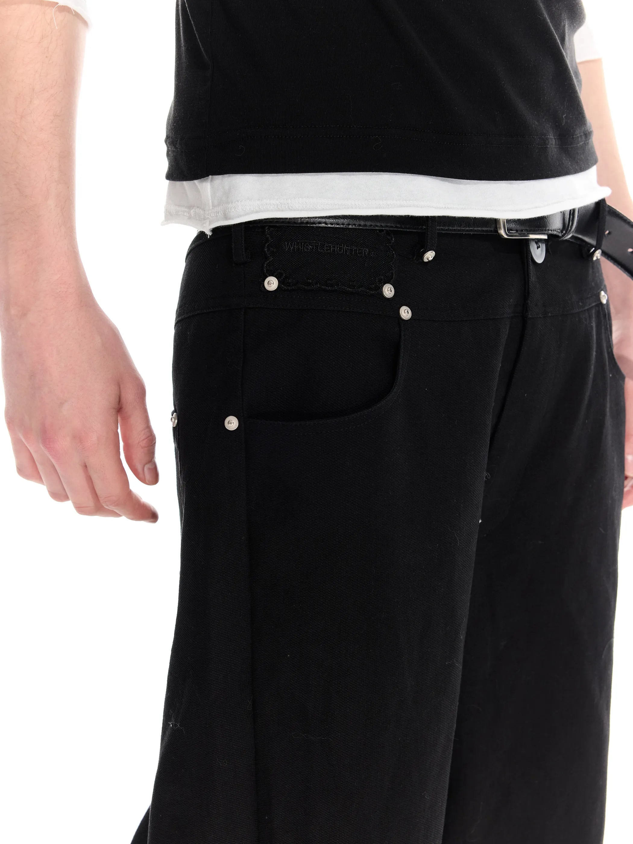Riveted distressed straight-leg trousers