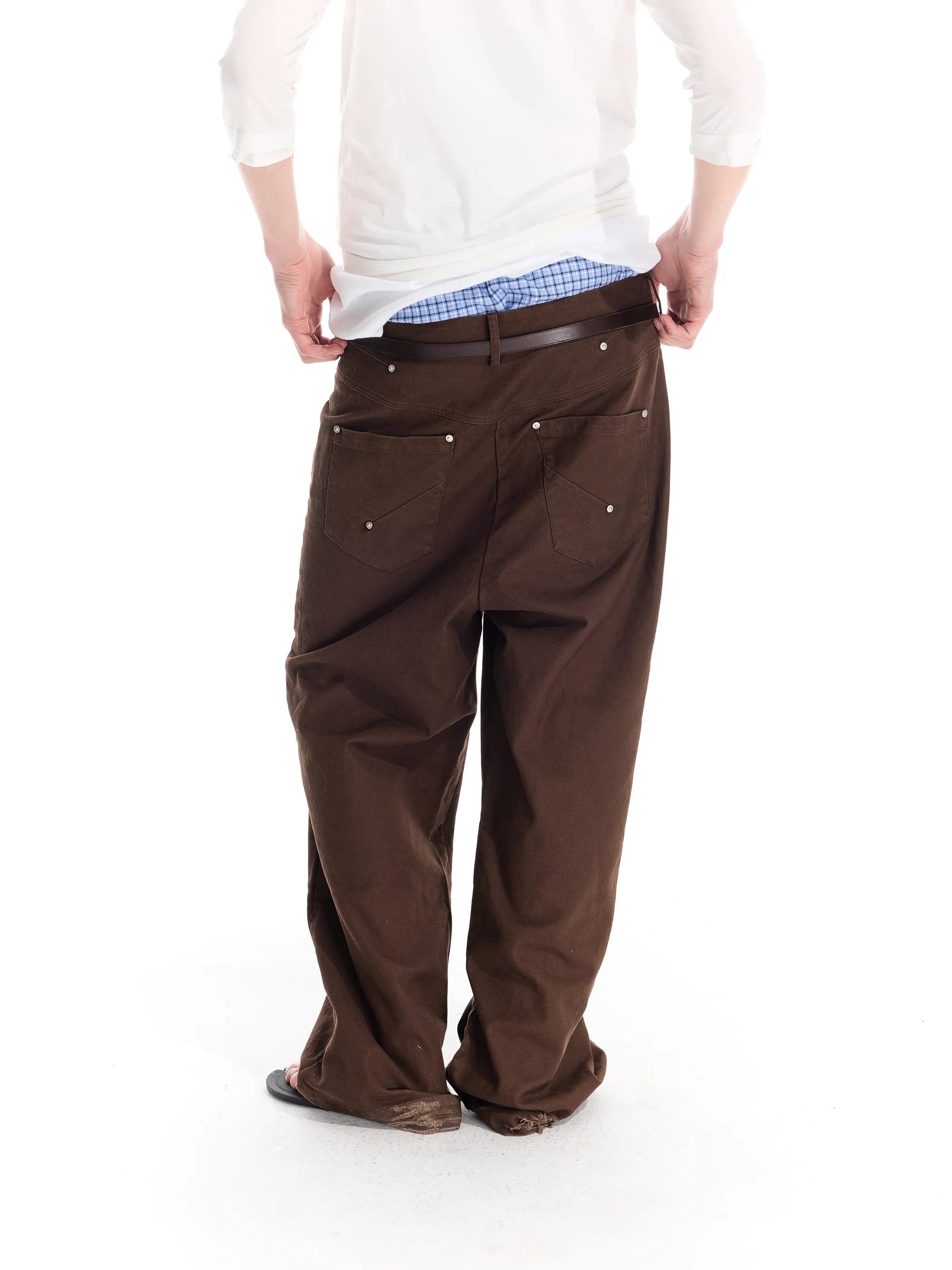 Riveted distressed straight-leg trousers