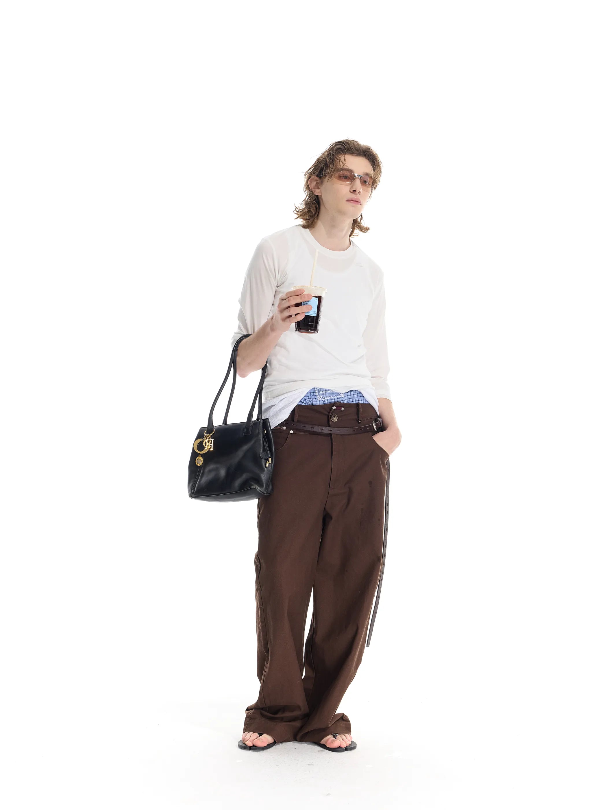 Riveted distressed straight-leg trousers