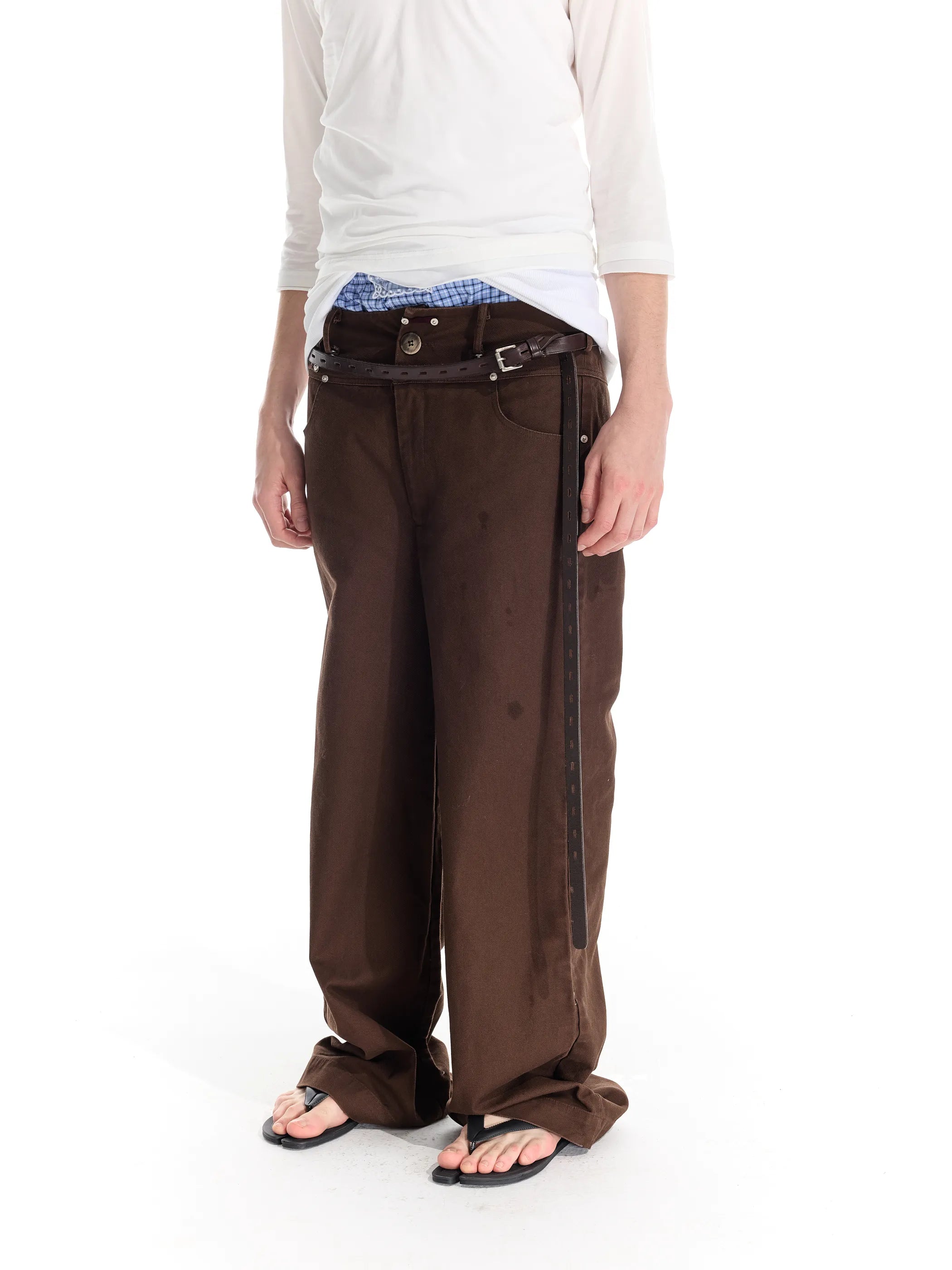 Riveted distressed straight-leg trousers