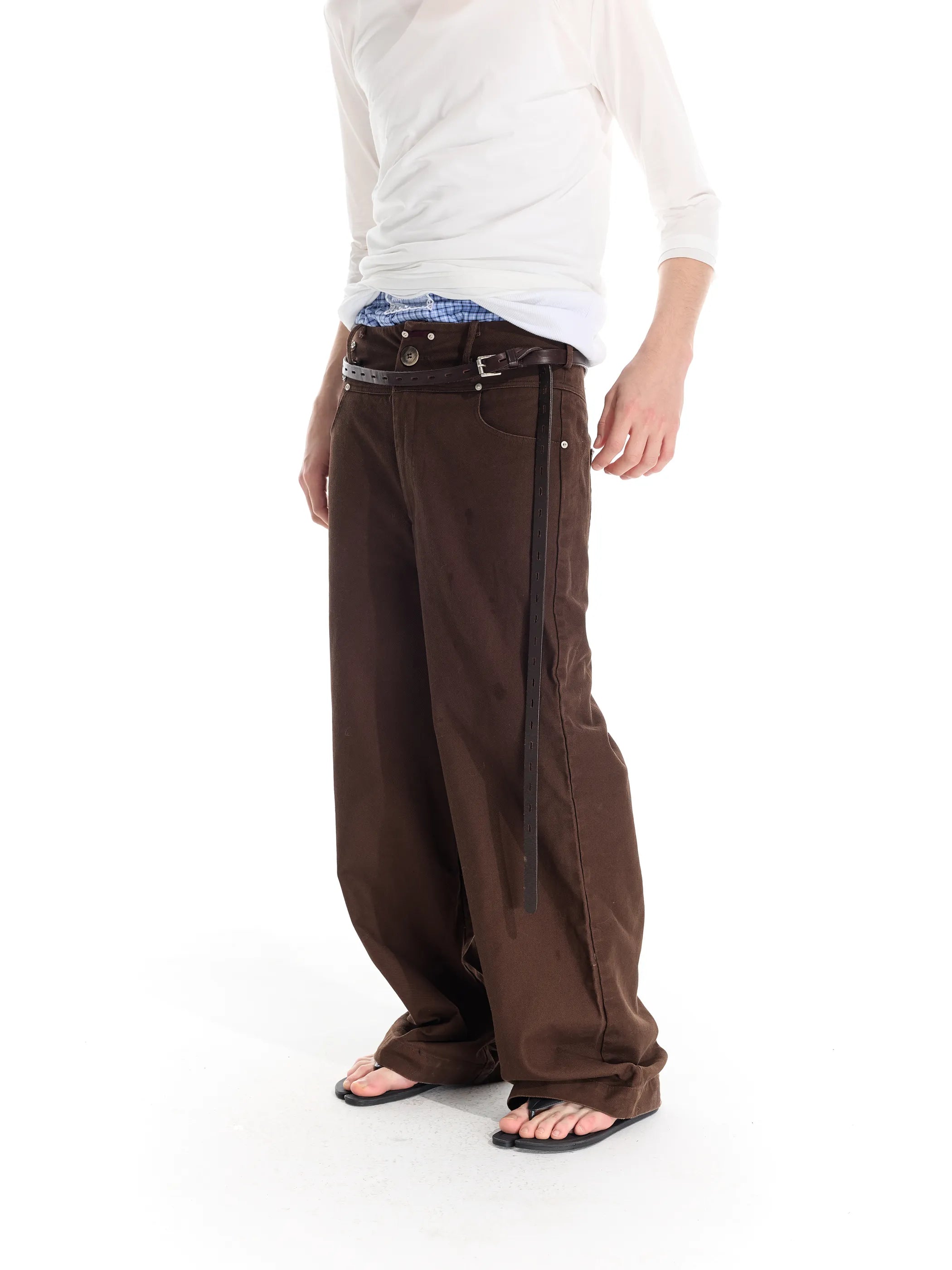 Riveted distressed straight-leg trousers