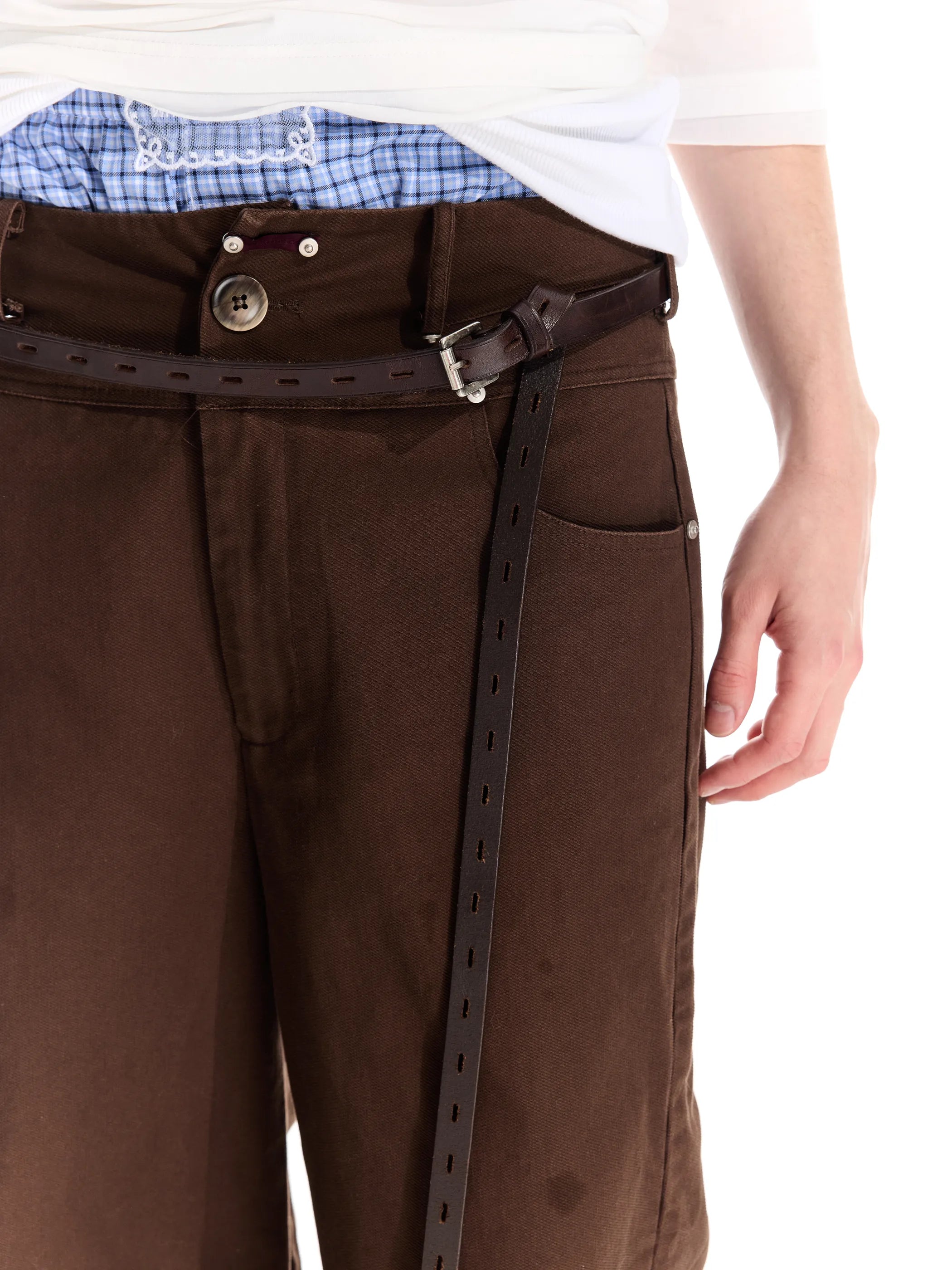 Riveted distressed straight-leg trousers