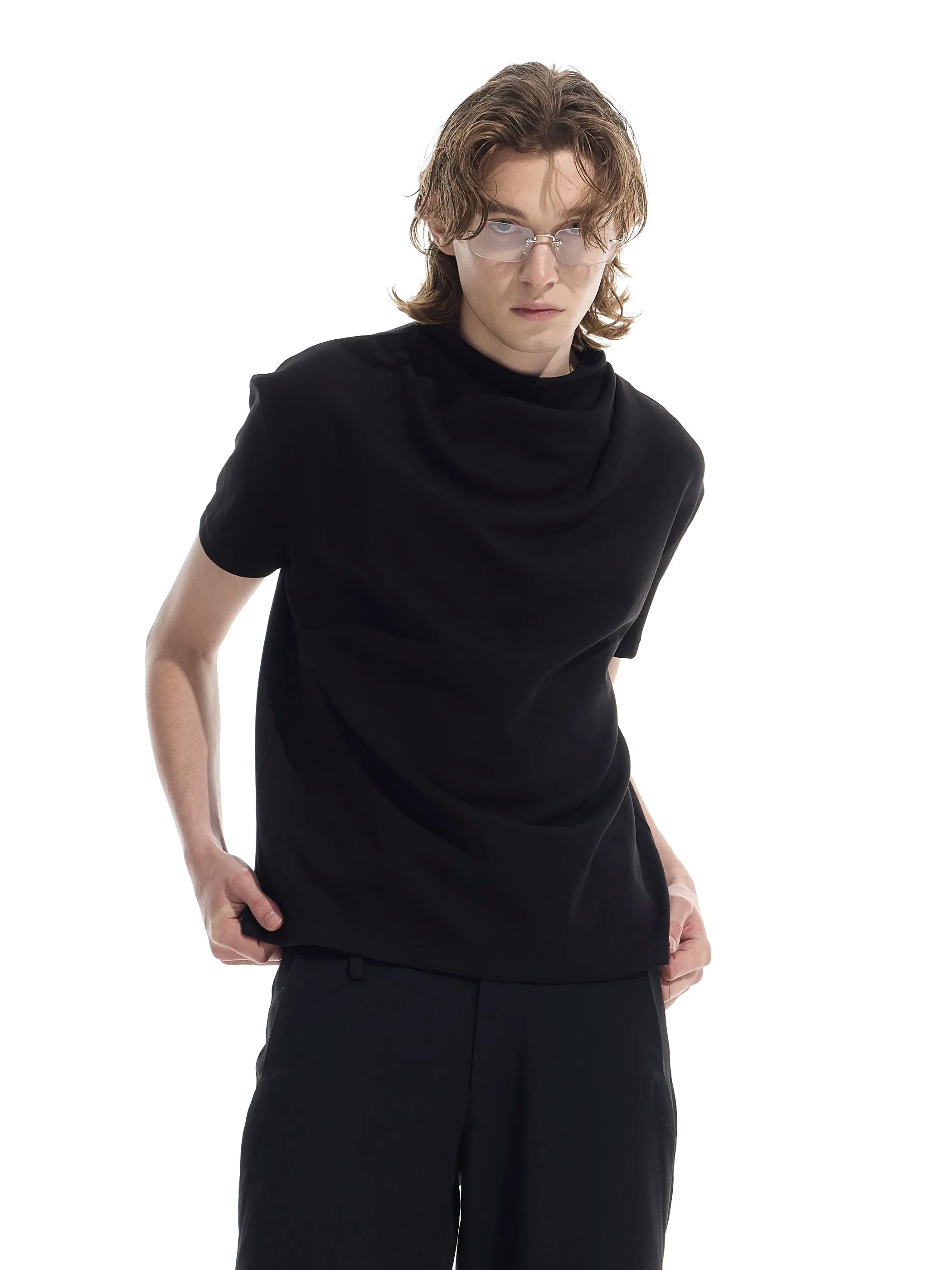 Semi-high neck ruched casual T-shirt