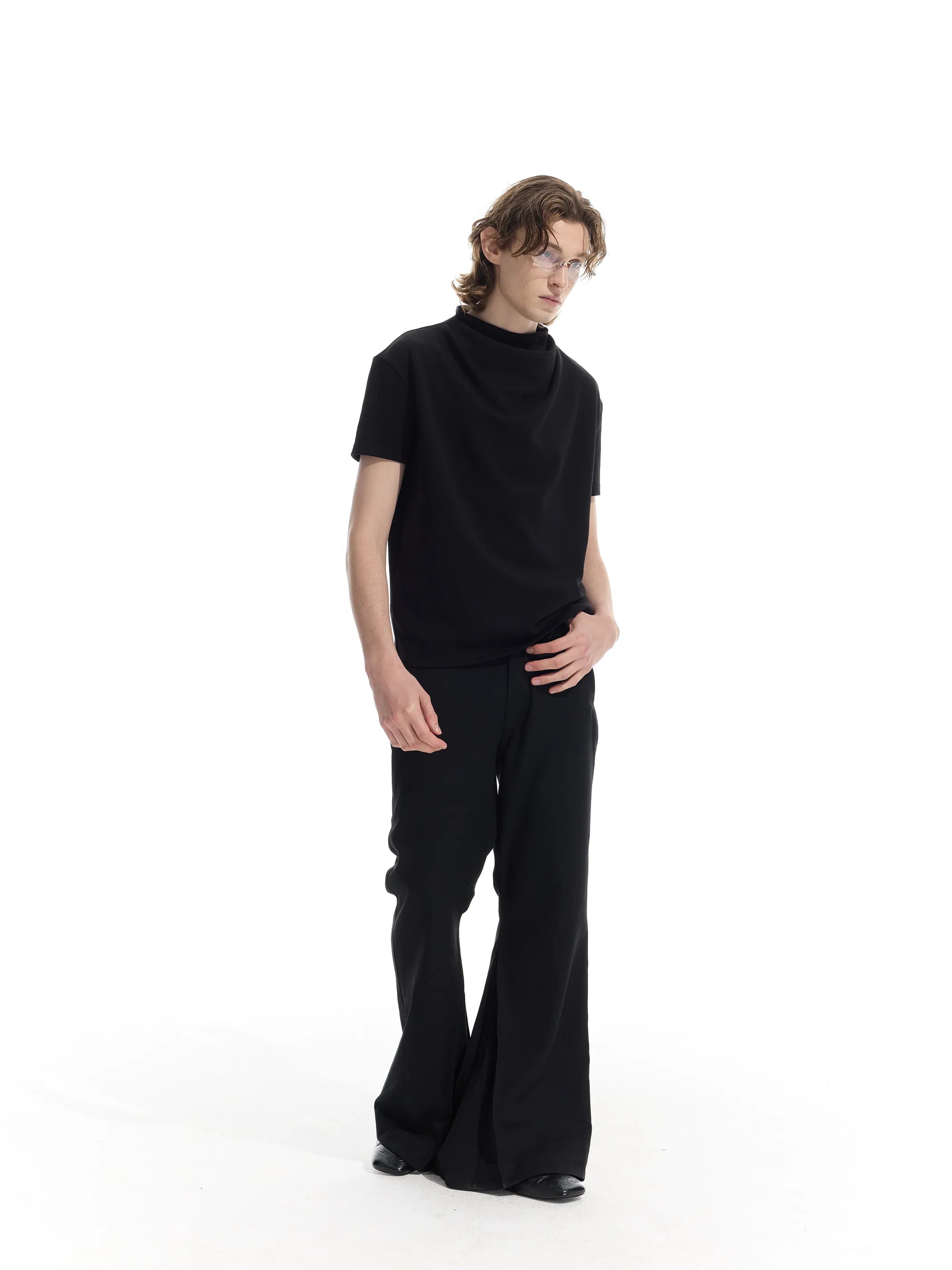 Semi-high neck ruched casual T-shirt
