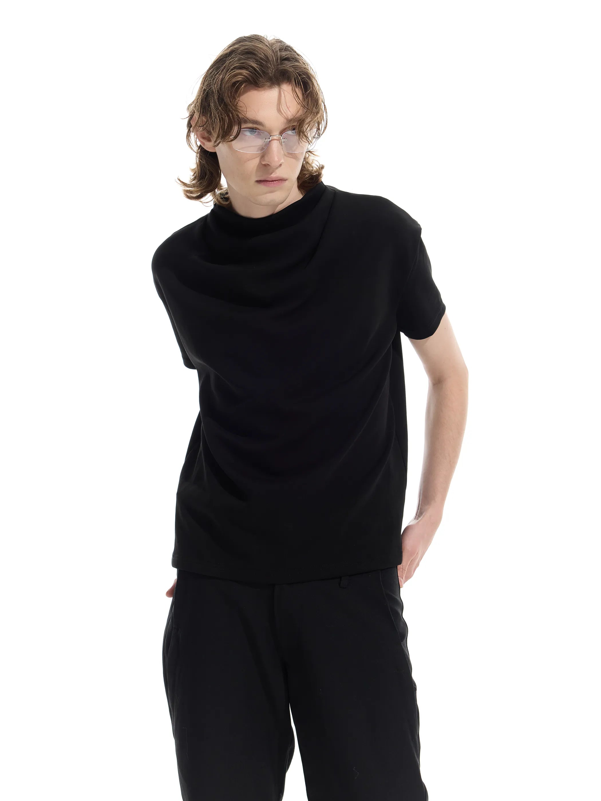 Semi-high neck ruched casual T-shirt