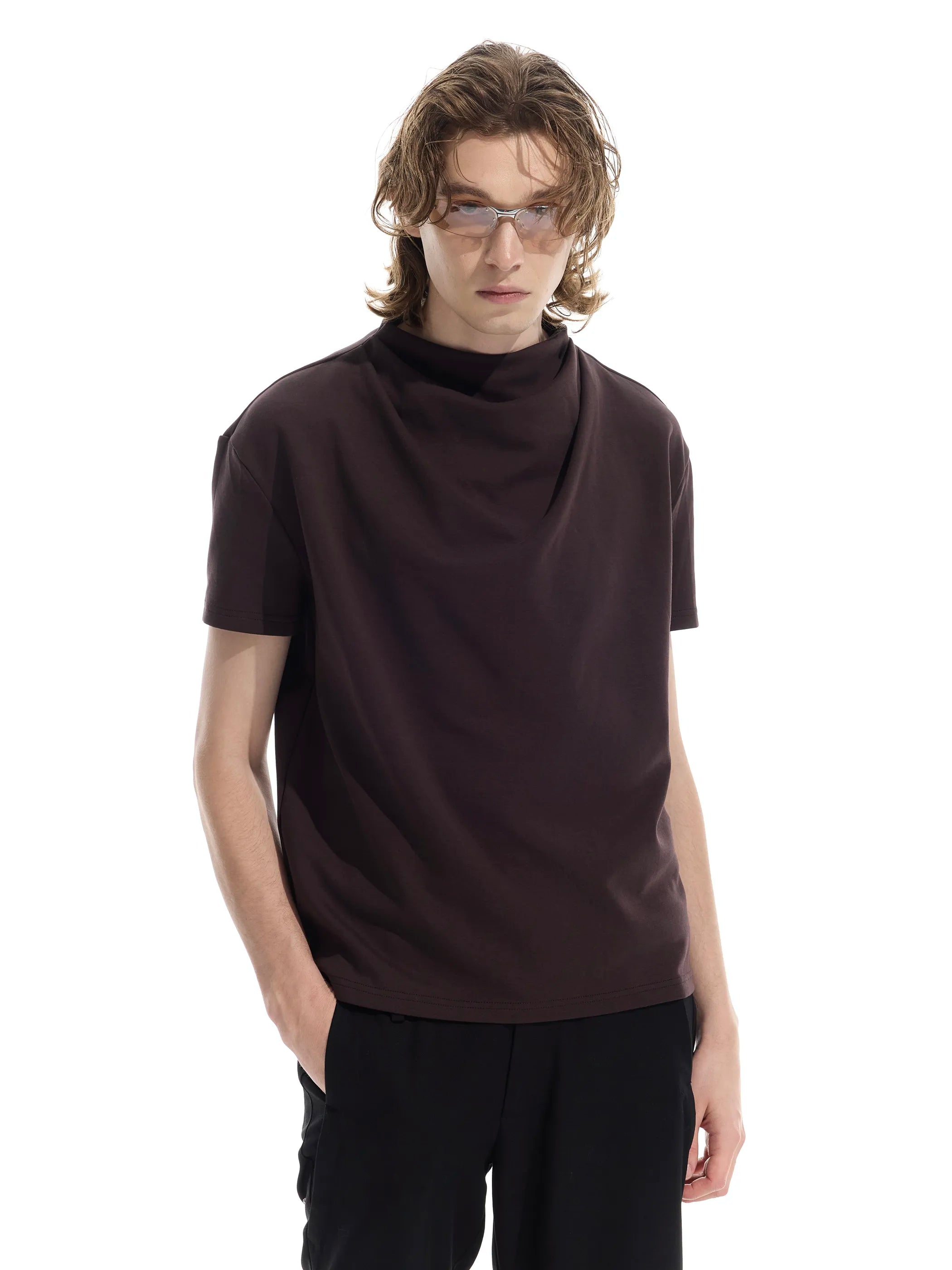 Semi-high neck ruched casual T-shirt