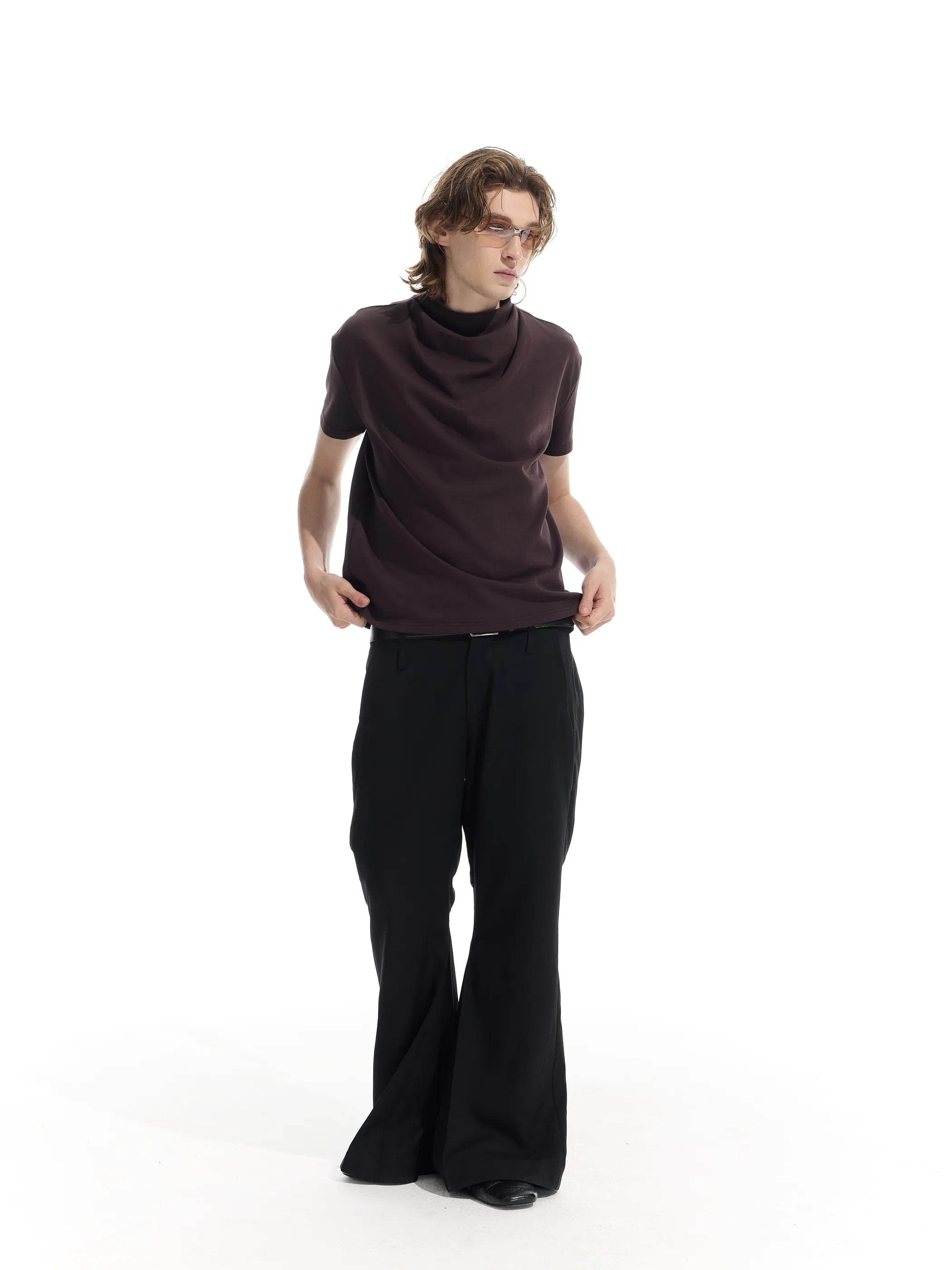 Semi-high neck ruched casual T-shirt