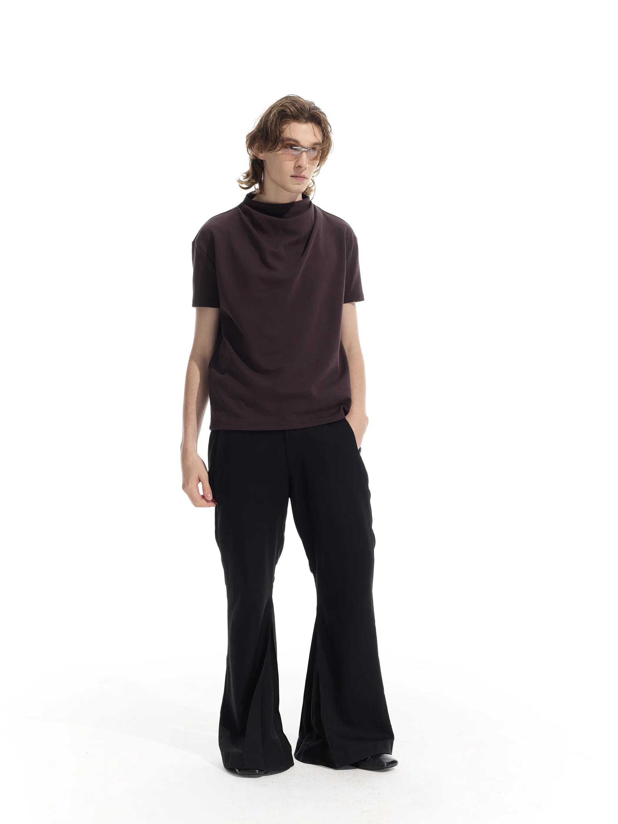 Semi-high neck ruched casual T-shirt