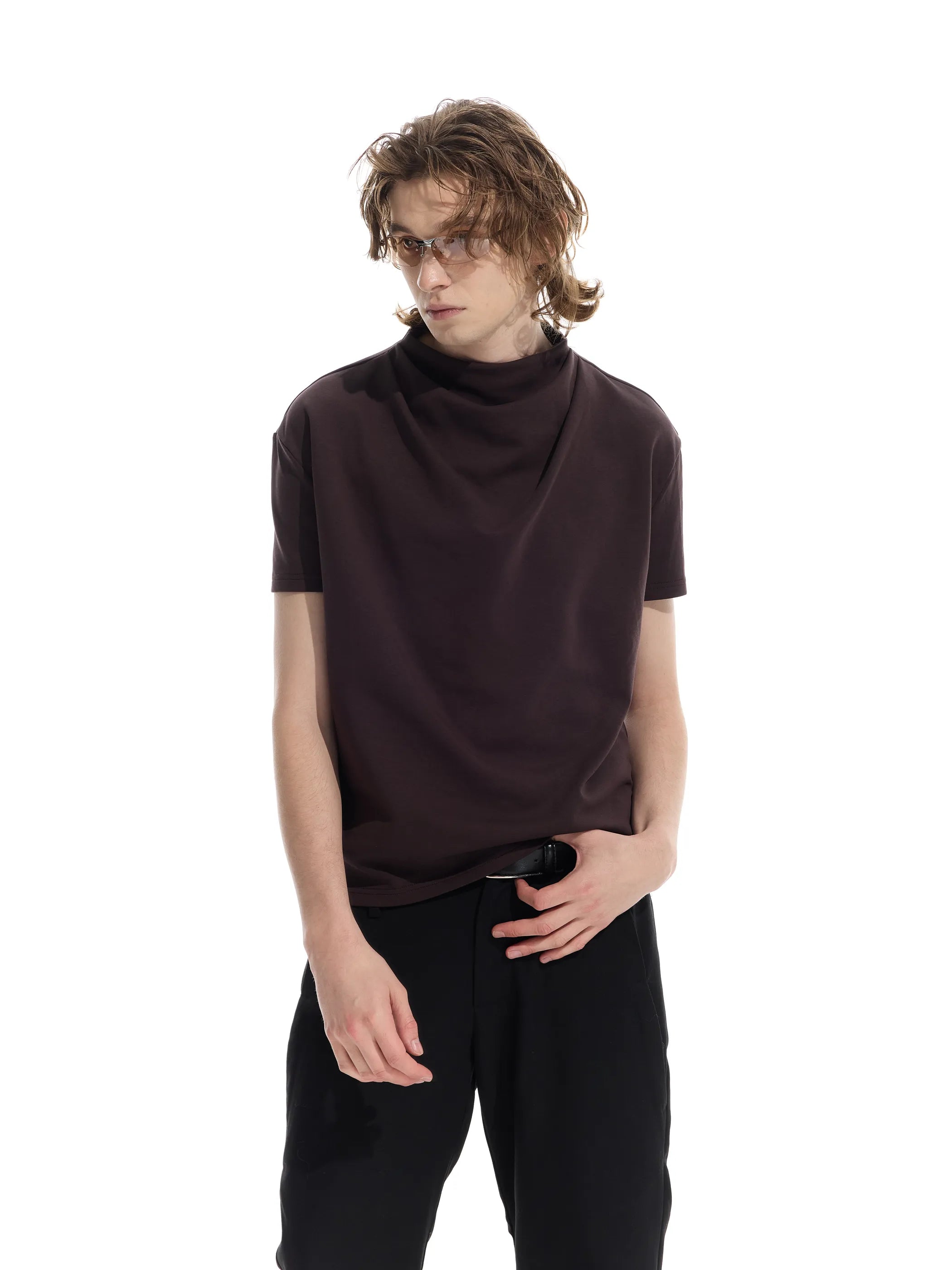 Semi-high neck ruched casual T-shirt