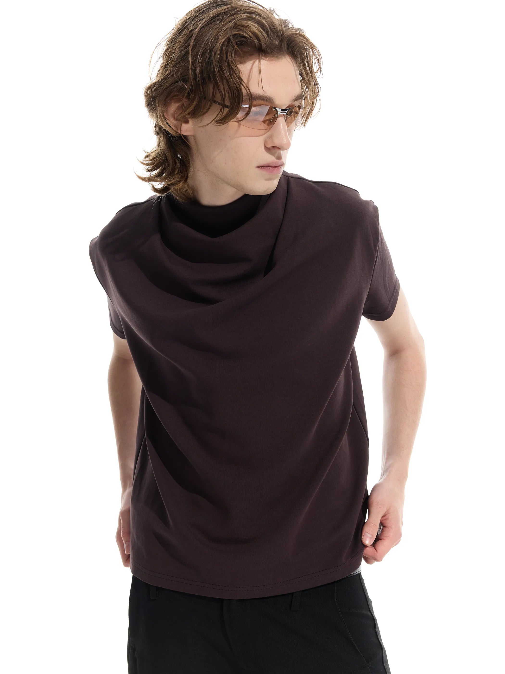 Semi-high neck ruched casual T-shirt