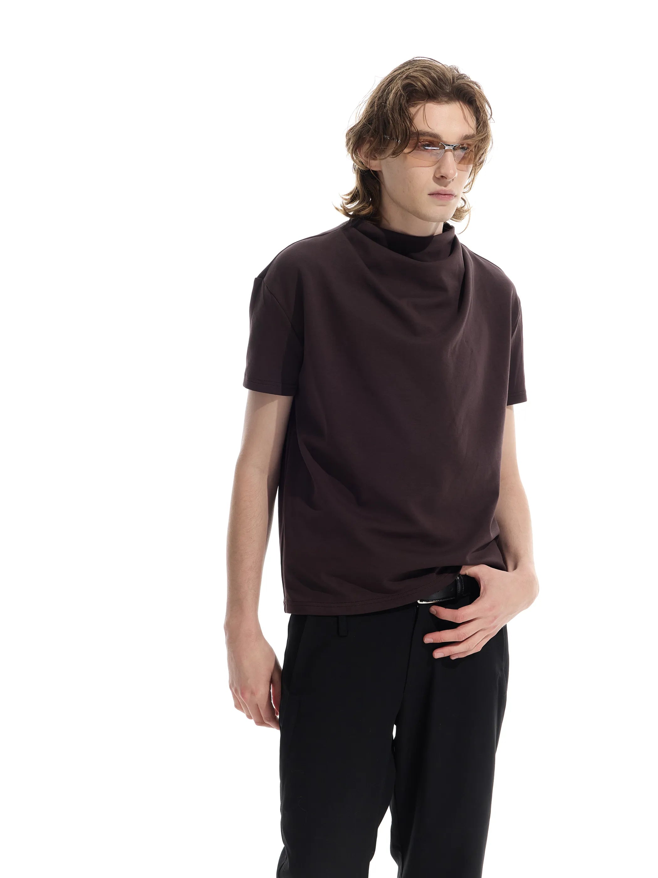 Semi-high neck ruched casual T-shirt