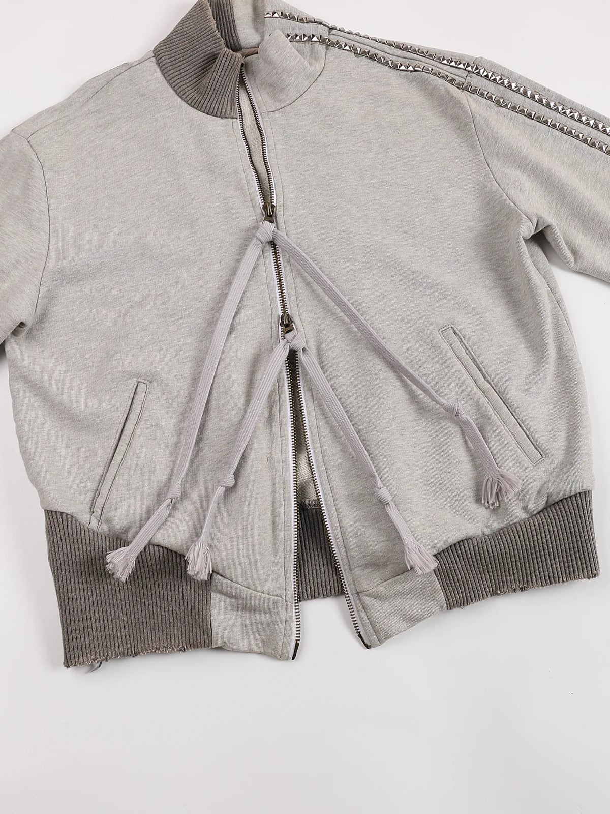 Washed Rhinestone Sweatshirt Jacket with an Irregular Zipper