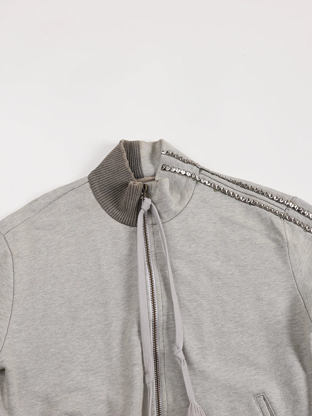 Washed Rhinestone Sweatshirt Jacket with an Irregular Zipper
