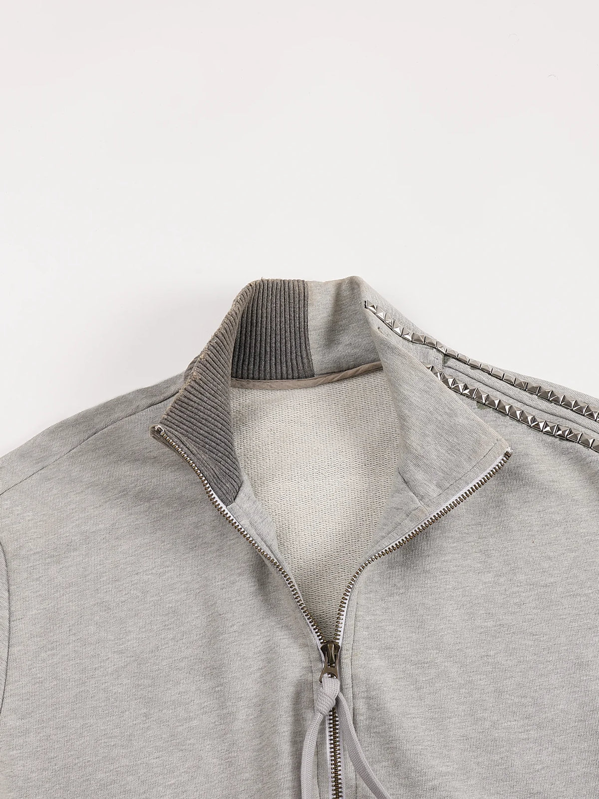 Washed Rhinestone Sweatshirt Jacket with an Irregular Zipper