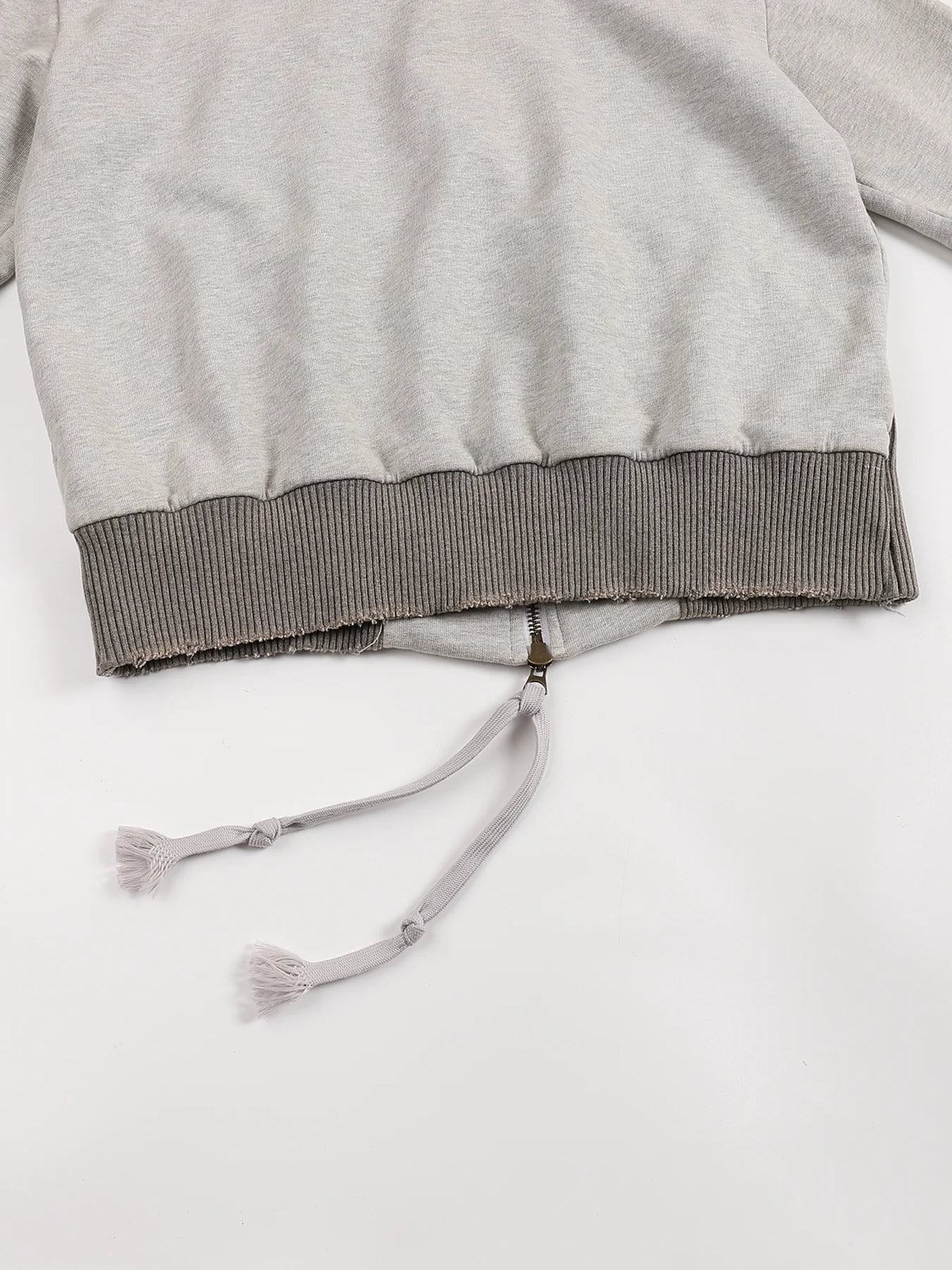 Washed Rhinestone Sweatshirt Jacket with an Irregular Zipper